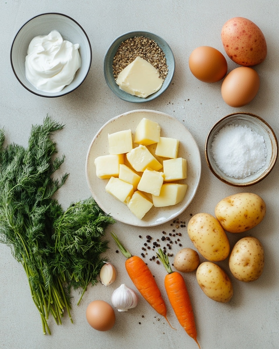 A shallow bowl filled with yellow creamy soup with visible green leaves and small orange carrot cubes mixed inside, topped with two halves of a boiled egg showing bright yellow yolks, sprinkled with fresh green herbs, and garnished with three large dark green leaves placed on top and around the soup; the bowl sits on a white marbled surface next to a gray cloth and scattered black peppercorns, with a gold spoon lying nearby. Photo taken with an iphone --ar 4:5 --v 7