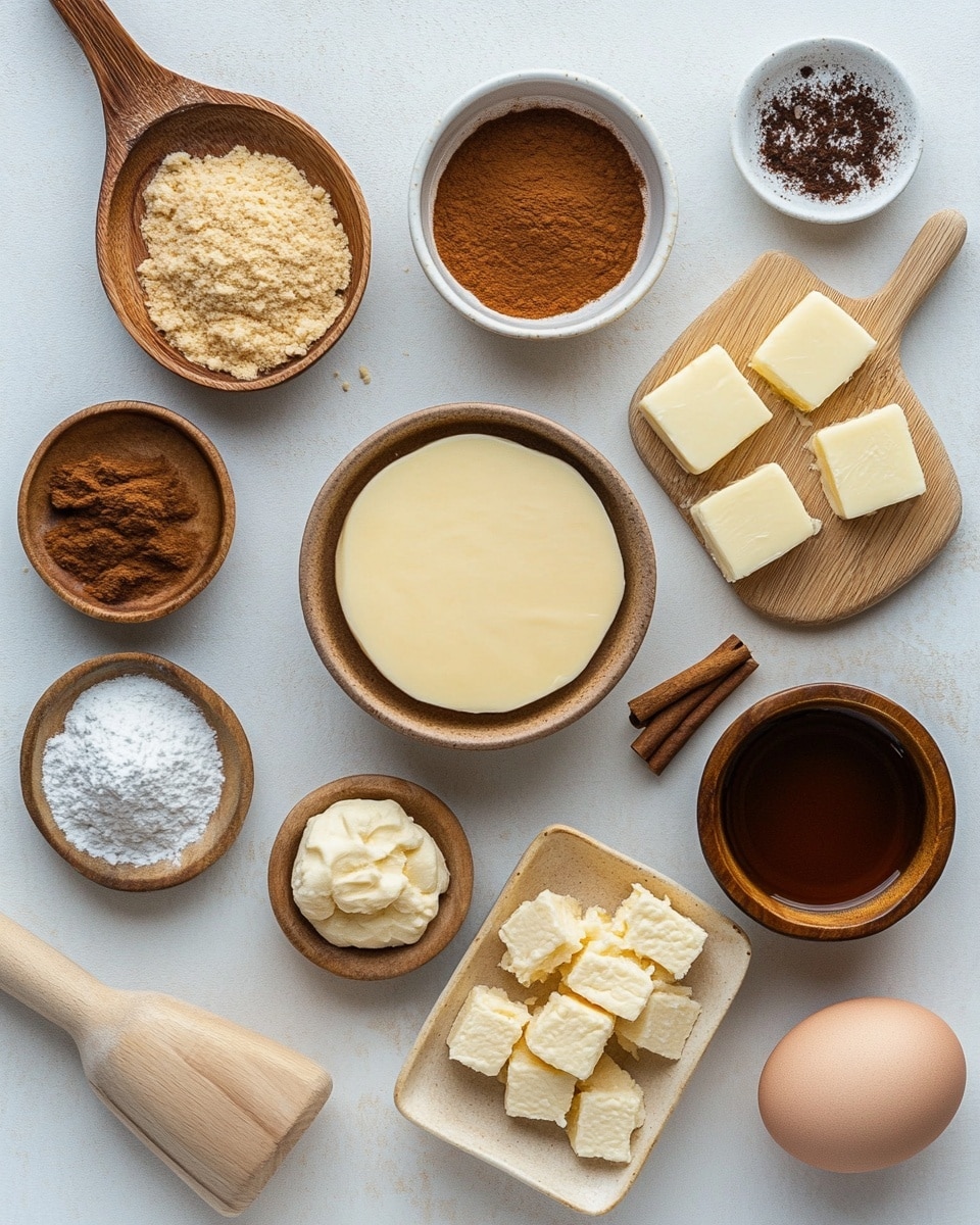 The image shows a white plate with four twisted puff pastry sticks, each layered with golden-brown baked dough and a dark cinnamon filling visible in the middle twist. At one end of each stick, there is a swirl of creamy white frosting. The plate is placed on a white marbled surface scattered lightly with cinnamon powder. Nearby, more cinnamon sticks with frosting sit on a black cooling rack. To the top right is a small wooden bowl with cinnamon sugar mix, and at the bottom left, there are three wooden spoons resting on a beige and white striped cloth. Photo taken with an iphone --ar 4:5 --v 7