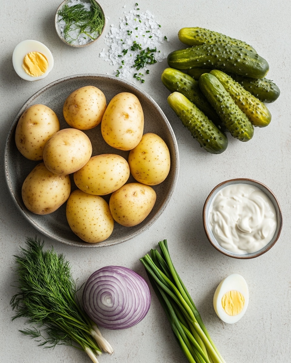 A clear glass bowl filled with creamy potato salad made of chunky pale yellow potato pieces mixed with a white creamy dressing containing small bits of green herbs and tiny purple onion pieces. Three slices of green pickle are placed on the top left side, and several fresh dark green parsley leaves are scattered over the salad. The bowl sits on a white marbled surface, and a silver spoon is visible resting inside the bowl. Photo taken with an iphone --ar 4:5 --v 7