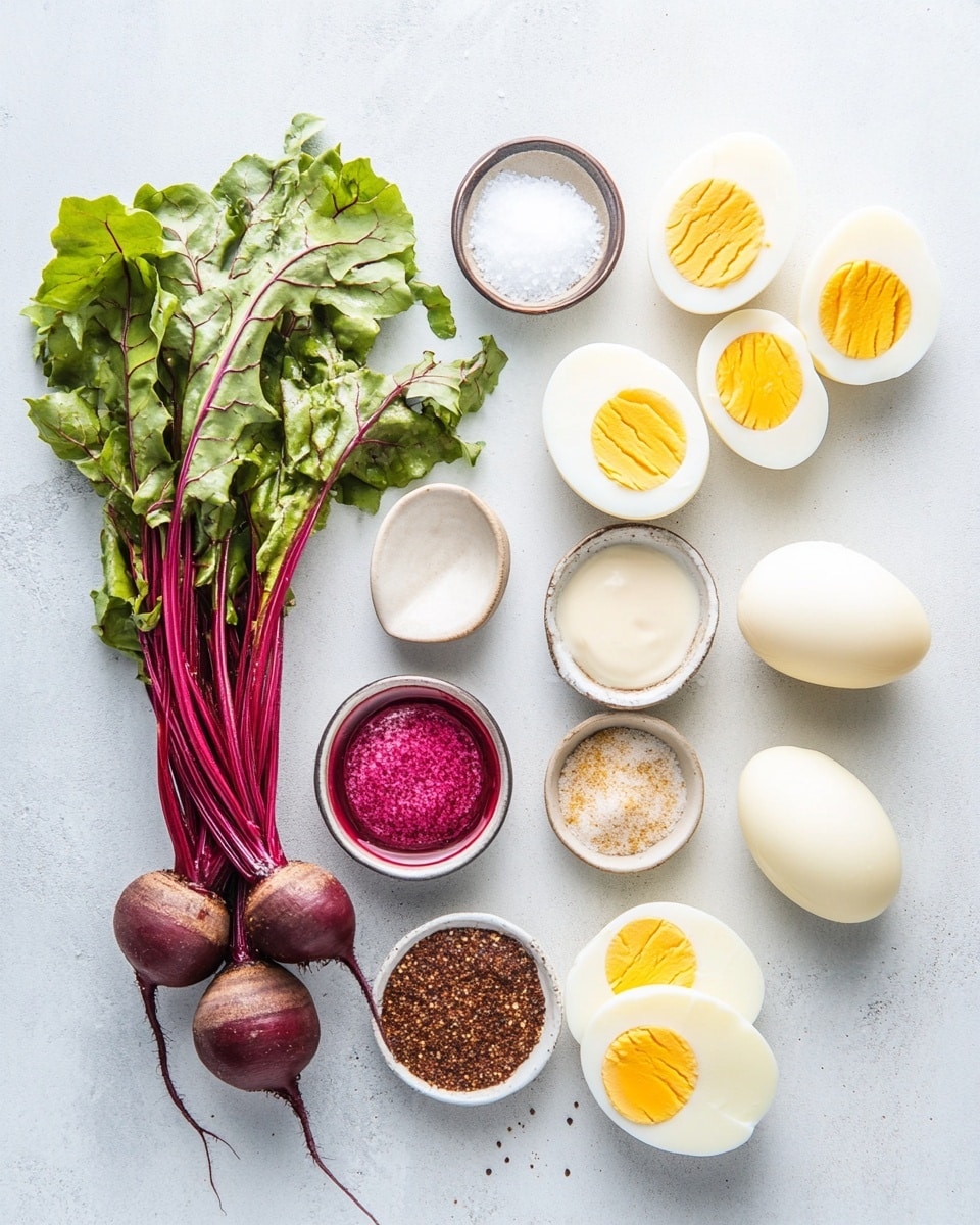 The image shows several halved eggs with the outer white layer dyed bright pink and the inner egg white left white, arranged on a white marbled surface. Each egg half is filled with a creamy, light yellow yolk mixture that has a slightly rough texture, piled neatly within the egg white space. On top of the filling, small pieces of green herbs, likely chives, are scattered as garnish. Some black pepper flakes are sprinkled over the eggs and the surface around them, adding specks of black color. The eggs are closely placed, filling the frame evenly, making a colorful and fresh display. Photo taken with an iphone --ar 4:5 --v 7