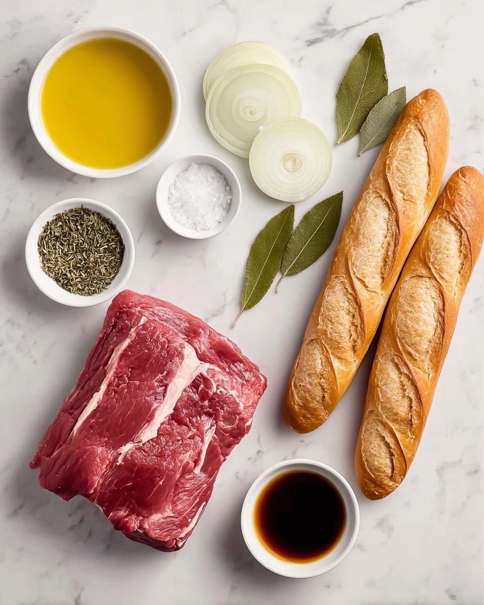 The image shows ingredients neatly placed on a white marbled surface. At the center bottom, there is a thick piece of raw red meat with white fat streaks. To the right of the meat, two long golden-brown baguettes with light diagonal slashes rest side by side. Above the meat, there are several thin white onion slices arranged in a small pile next to three green bay leaves. On the upper right side, there are two small white bowls, one filled with a bright yellow oil and the other with a dark brown sauce. On the left side near the meat, there is a small white bowl filled with dried herbs and another small white bowl with coarse white salt. photo taken with an iphone --ar 4:5 --v 7