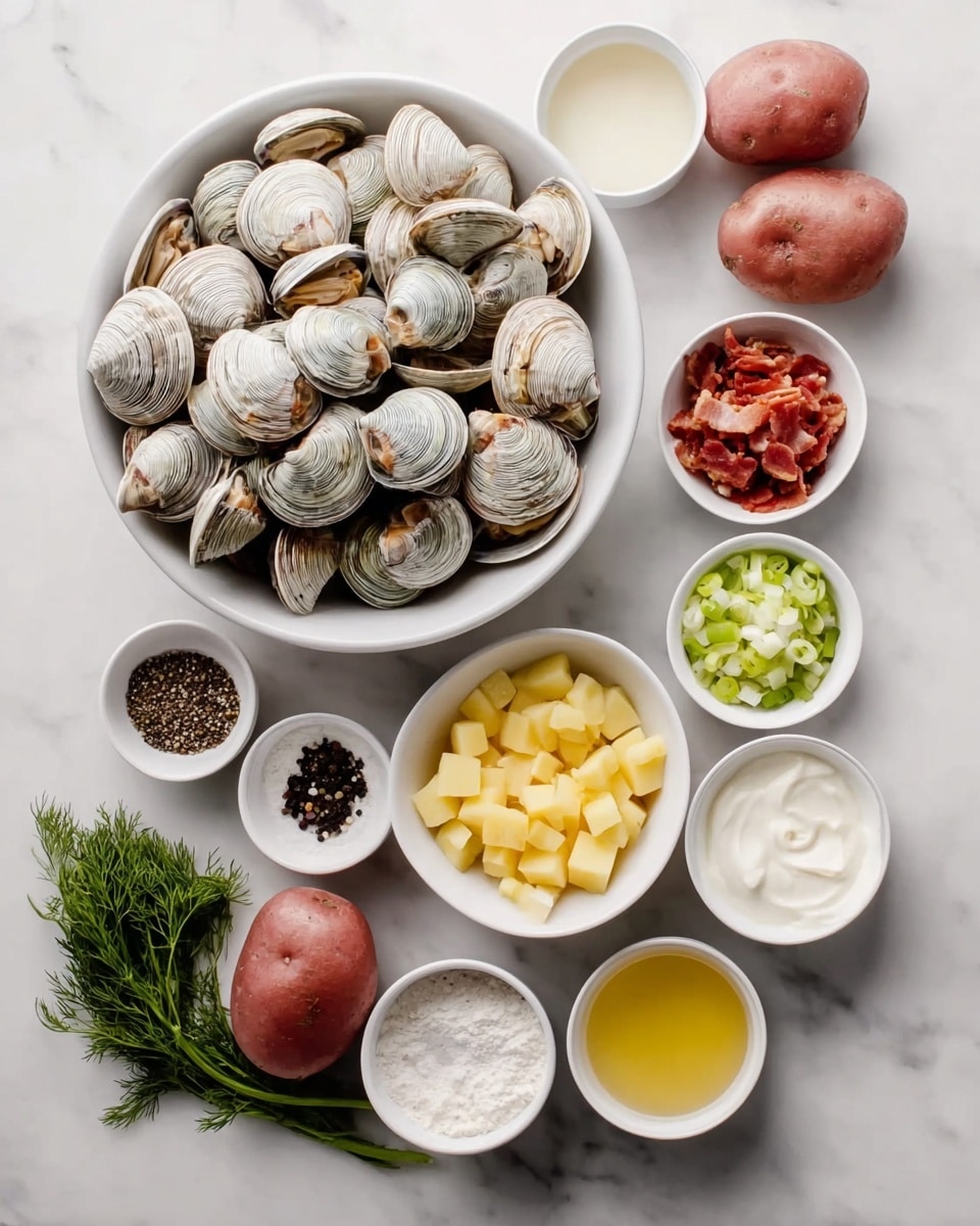 A big white bowl full of many white and gray clams sits in the middle on a white marbled surface. Around it are seven small white bowls each with different ingredients: one bowl with red bacon pieces, one with chopped white and green celery, one with yellow diced potatoes, one with black and white peppercorns, one with a light yellow liquid, one with white cream, and one with white flour. Two whole red potatoes and a small bunch of green dill are placed near the bowls. The photo taken with an iphone --ar 4:5 --v 7