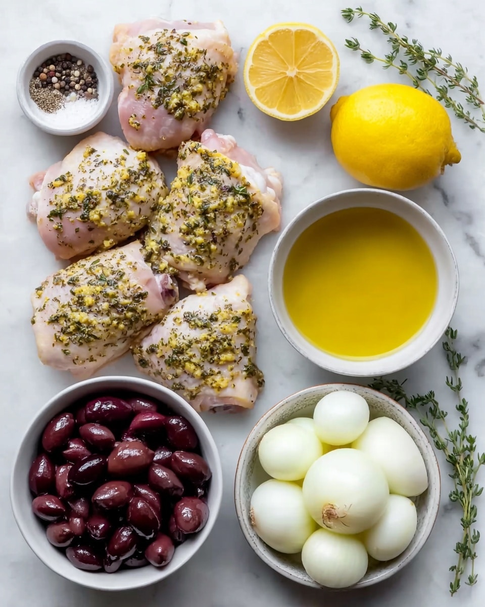 The image shows three chicken thighs with skin on, each covered with a mix of minced garlic, herbs, and a bit of oil, arranged vertically on the left. To the right of the chicken, there is a small white bowl filled with shiny dark purple olives at the bottom, and just above it, a cluster of five small white onions with a smooth texture. Above the onions, there is a whole bright yellow lemon and a lemon cut in half showing the juicy, light yellow inside. At the top left corner, a tiny white bowl holds coarse salt and black peppercorns. Next to it, in the middle top area, there is a white bowl filled with golden-yellow olive oil. On the far right, fresh green thyme sprigs lie on the white marbled surface. photo taken with an iphone --ar 4:5 --v 7