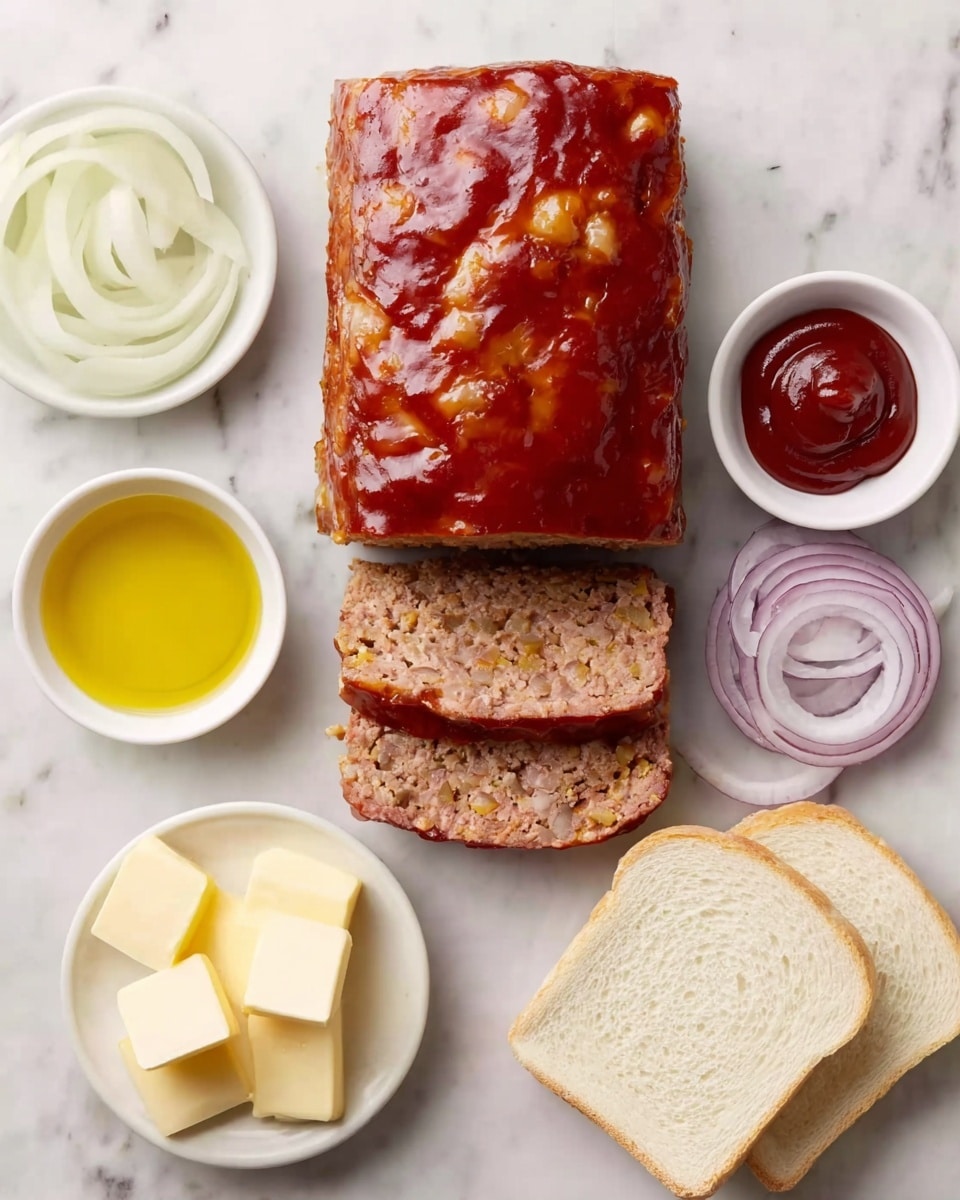 A rectangular meatloaf with a shiny reddish-brown glazed top sits on a white marbled surface, with two slices cut to show the light brown inside with small bits. To the right, there are two slices of white sandwich bread stacked, below which are thin purple onion rings. Surrounding the meatloaf are small white bowls: one with a golden yellow liquid, one with white sliced onions, one with two thick slices of pale yellow butter, and one with dark red ketchup. photo taken with an iphone --ar 4:5 --v 7