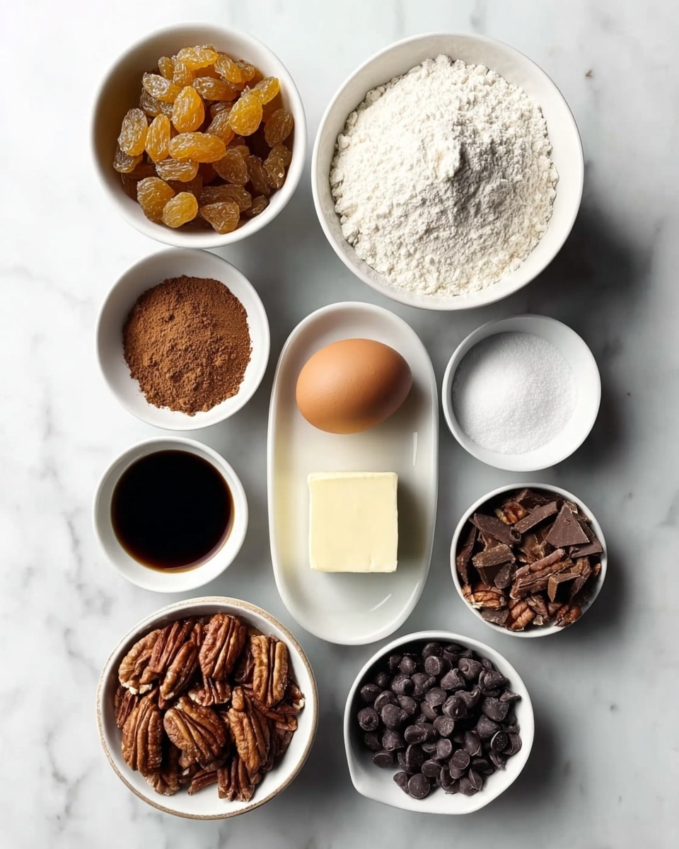 Nine white bowls and dishes arranged on a white marbled surface show baking ingredients in a neat layout. At the top left, a bowl holds golden raisins with a slightly wrinkled texture. To its right, a bowl is filled with white flour that looks soft and powdery. Below the raisins, a small dish contains a square piece of pale yellow butter. In the center, one oval dish holds a brown egg and another egg is placed next to it on the marble. To the right of the eggs, a bowl of dark liquid, likely vanilla extract, is glossy and smooth. Near the bottom left, a bowl is filled with medium brown finely ground cinnamon powder, and next to it is a bowl of white granulated sugar. At the bottom left, a bowl holds whole pecans that are shiny with textured ridges. To the right, the last bowl contains dark chocolate chips, small and round, each with a matte finish. The photo taken with an iphone --ar 4:5 --v 7