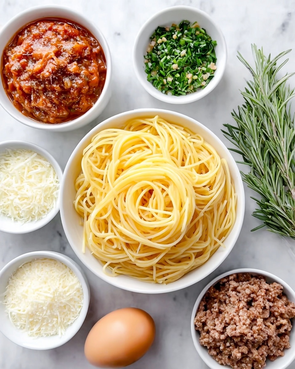 The image shows a white bowl filled with light yellow spaghetti noodles, piled high and arranged in loose swirls in the center. Surrounding the bowl are six smaller white bowls and an egg: one with chunky red tomato meat sauce having a textured, slightly shiny surface, one with finely chopped green herbs mixed with white bits, one filled with finely grated white cheese, another with coarser grated cheese piled high, and one with browned cooked ground meat showing a crumbly texture. The egg is light brown and smooth and lies alongside a fresh sprig of green rosemary. The background is a white marbled surface. Photo taken with an iphone --ar 4:5 --v 7