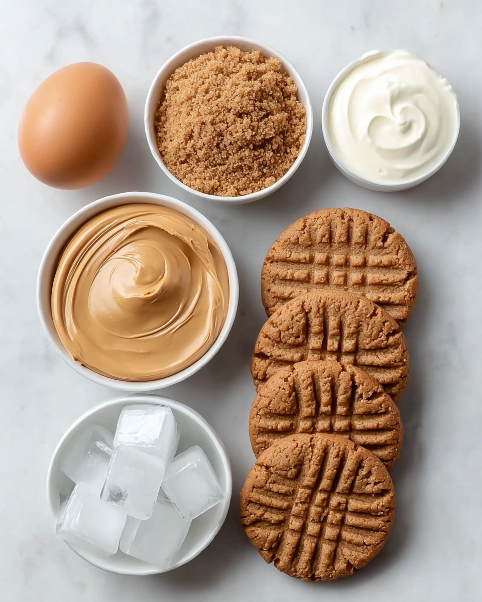 The image shows six ingredients arranged neatly on a white marbled surface. There are five round peanut butter cookies lined up flat on the bottom right, light brown in color with a textured pattern on top. To the left of the cookies is a single whole egg with a smooth light brown shell. Above the cookies, there are four white bowls; the top right bowl is filled with crumbly light brown powder, the middle left bowl contains smooth, tan peanut butter swirled with a creamy texture, the middle right bowl shows thick white yogurt with a soft surface, and the top left bowl holds clear ice cubes with sharp edges. All bowls are white and round. photo taken with an iphone --ar 4:5 --v 7