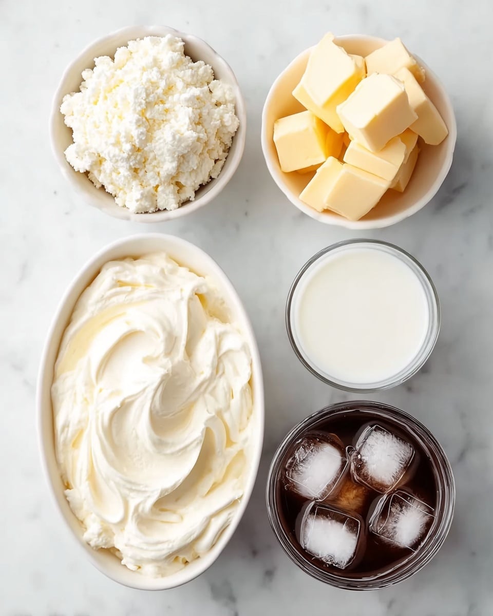 The image shows five small white bowls placed on a white marbled surface. The top left bowl holds a crumbly white cheese with a soft texture. To the right of it, a round bowl contains several yellow butter cubes, neatly stacked. Below these, an oval bowl is filled with smooth, creamy white soft cheese with swirled texture on top. To the right of the oval bowl, a small round bowl contains white milk. At the bottom right, a glass bowl is filled with dark brown liquid and large clear ice cubes on top. photo taken with an iphone --ar 4:5 --v 7