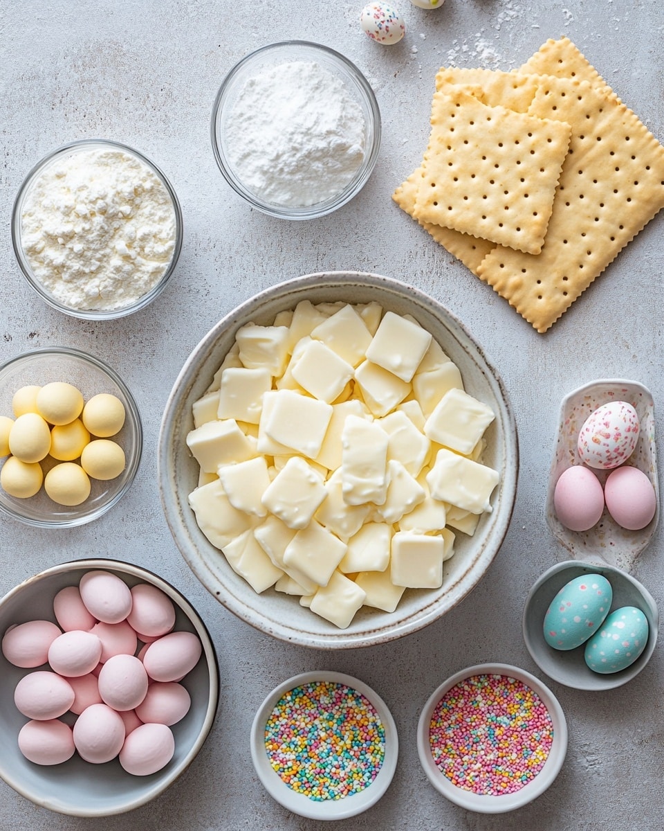 The image shows a stack of square dessert bars with three layers: a golden-brown crunchy base, a thick white frosting layer on top, and decorated with colorful candy-coated chocolate pieces and small multicolored round and stick sprinkles scattered all over the white frosting. These bars are arranged on a white marbled surface, with some pieces lying flat around the stack. The candies include pastel blue, green, purple, yellow, and pink colors, contrasting with the bright sprinkles that add texture and vibrancy to the smooth frosting. Photo taken with an iphone --ar 4:5 --v 7