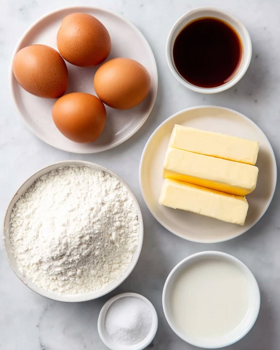 The image shows five square pieces of a layered dessert on a white marbled surface, dusted lightly with white powdered sugar. Each piece has three visible layers: a bottom crust layer that is light beige and firm, a middle creamy layer that is smooth and pale yellow, and a top layer that is golden brown with a slightly cracked texture, also covered with a sprinkle of powdered sugar. The dessert pieces are neatly arranged with clean edges, highlighting the contrast between the layers. Photo taken with an iphone --ar 4:5 --v 7