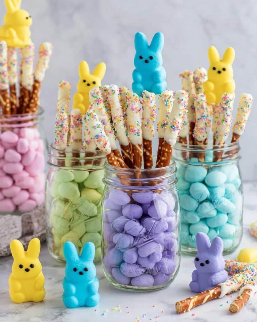 Easter Pretzel Rods with White Chocolate, M&Ms, and Candy Melt Drizzle Recipe