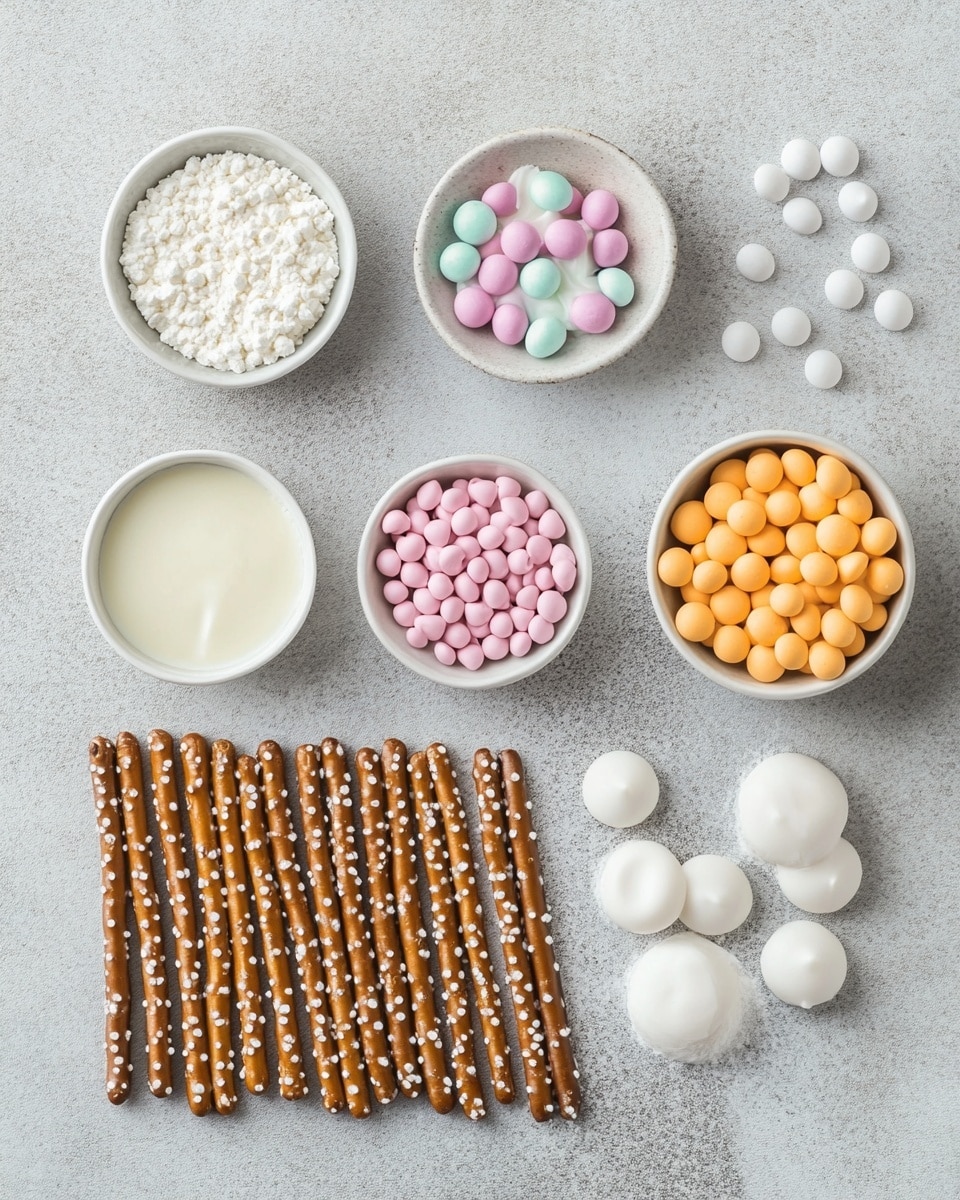 The image shows a group of small bunny-shaped marshmallows in pastel colors of yellow, purple, and blue, each placed on the top end of a pretzel stick. Each pretzel stick is dipped partially in white chocolate, which covers about a third of its length near the marshmallow, with thin lines of colorful icing and small round sprinkles wrapped around the white chocolate section in pastel pink, blue, and yellow. The pretzels are light brown with a rough, salted texture showing at the bottom, and all are placed neatly on a white marbled surface. photo taken with an iphone --ar 4:5 --v 7