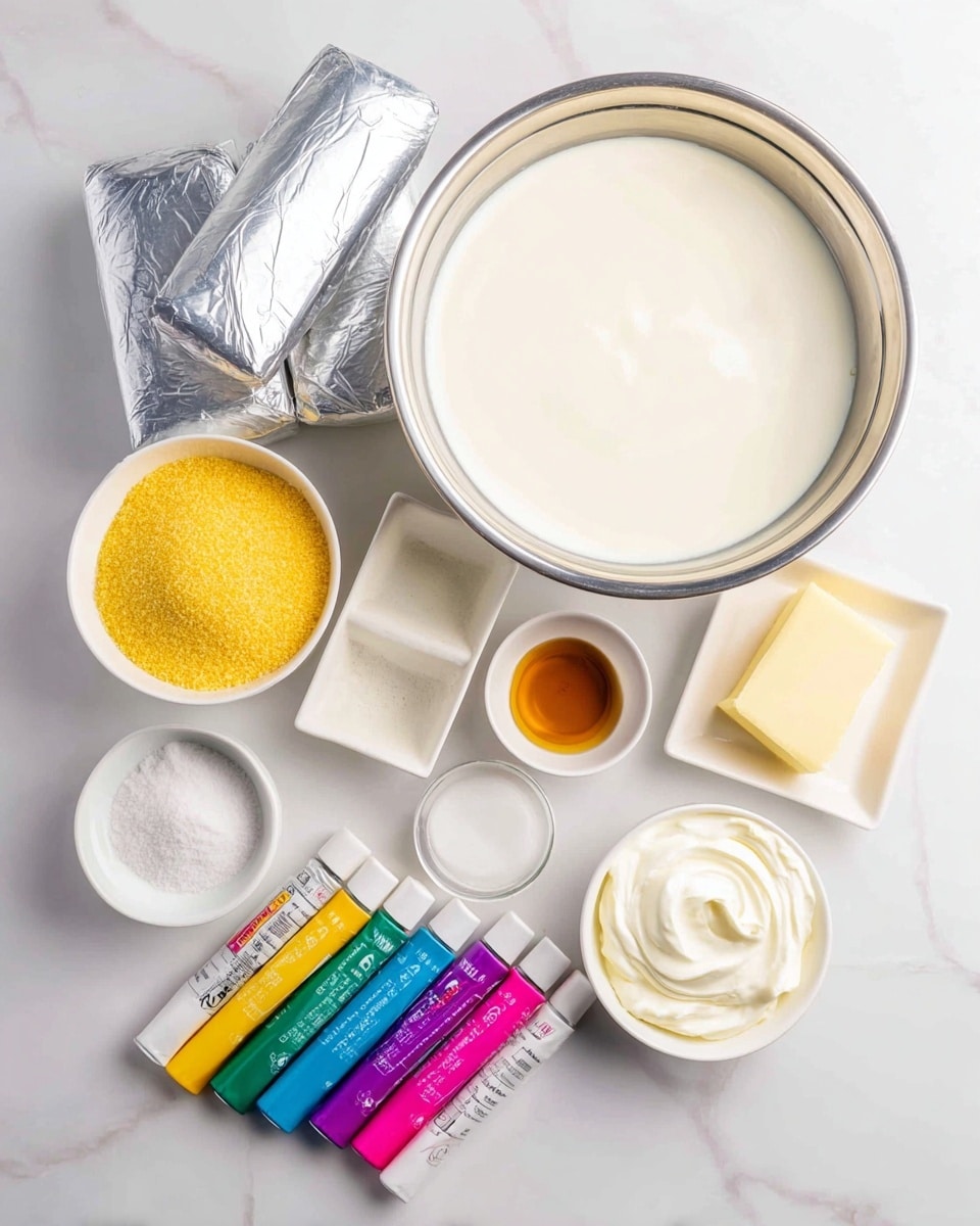 The image shows various baking ingredients arranged on a white marbled surface. In the center, there is a silver metal bowl filled with creamy white liquid. Behind it, three silver-wrapped butter blocks are stacked. Surrounding the bowl are small white bowls and dishes holding different ingredients: one bowl has thick white cream, another contains fine yellow cornmeal, a small dish holds golden brown vanilla extract, a ramekin is filled with white granulated sugar, and a small square dish holds a pale yellow block of butter. In front of these, four tubes of food coloring labeled neon pink, green, yellow, and purple are laid out. The overall setup is bright and clean. photo taken with an iphone --ar 4:5 --v 7