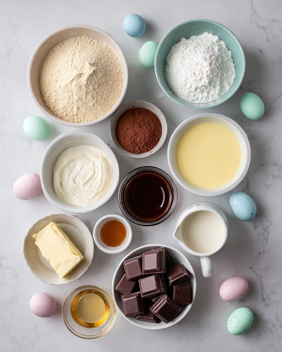 A top view of a group of small white bowls and a glass bowl arranged on a white marbled surface. The ingredients inside include a beige powder in a large white bowl on the top left, a white powder in a smaller bowl to its right, a brown powder in the center bowl below those, a creamy yellow liquid in a bowl on the right, a white creamy substance in a glass bowl at the bottom left, a small piece of pale yellow butter in a bowl below center, and several cubes of dark brown chocolate in a bowl at the bottom right. There is a white cup with a creamy white liquid near the center right, a small bowl of dark brown liquid to the left of the center, and a tiny bowl with a golden liquid below that. Scattered around the bowls are small, pastel-colored speckled eggs in blue, pink, and green. photo taken with an iphone --ar 4:5 --v 7
