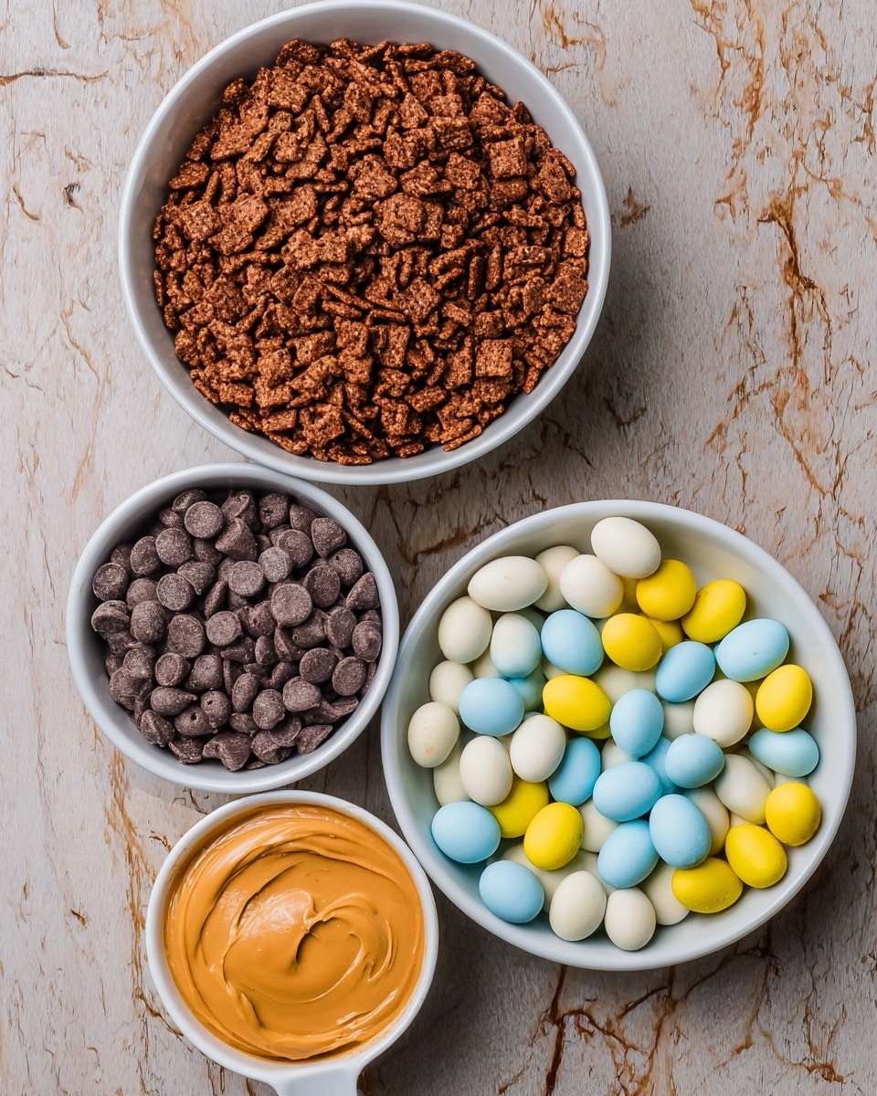The image shows four white bowls on a white marbled surface. The largest bowl at the top is filled with dark brown, crunchy cereal. Below it to the left is a smaller white bowl filled with smooth, dark brown chocolate chips. Next to that on the right is another white bowl holding pastel-colored candy eggs in soft yellow, blue, cream, and white. At the bottom left is a small white measuring cup filled with creamy, thick, orange peanut butter. All bowls are close together, and the colors contrast on the white marbled background. photo taken with an iphone --ar 4:5 --v 7