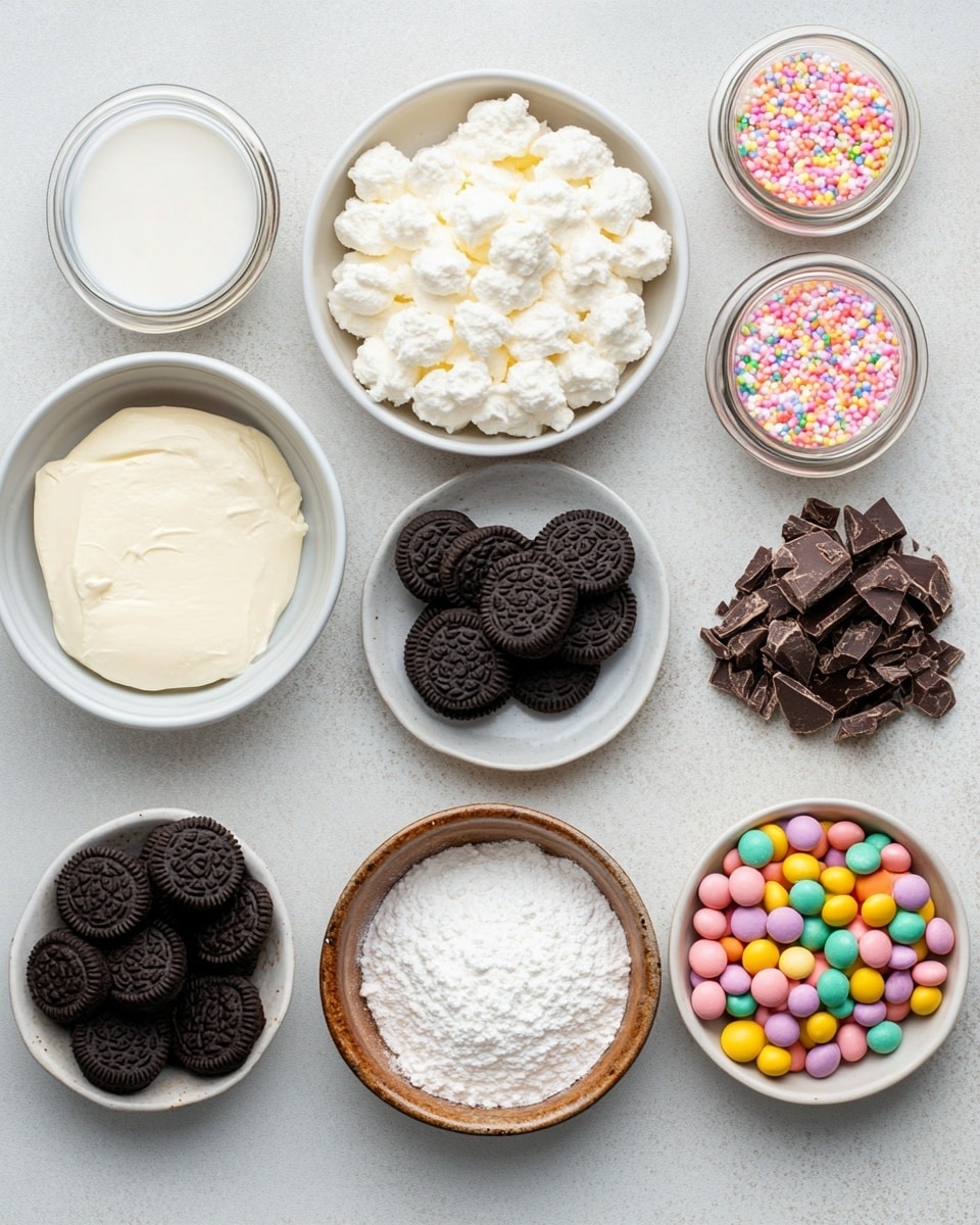 A large clear glass bowl shows a layered dessert with five thick layers alternating between dark brown crushed cookies and white creamy frosting mixed with colorful pastel candy eggs. The colorful candy eggs are visible inside the cream layers, in light pink, blue, purple, yellow, green, and orange hues. The top layer is dark crushed cookies decorated with whole chocolate sandwich cookies and more colorful candy eggs scattered on top. The bowl sits on a white marbled surface next to a soft pastel-striped cloth. The background is softly blurred with light blue and beige colors. Photo taken with an iphone --ar 4:5 --v 7
