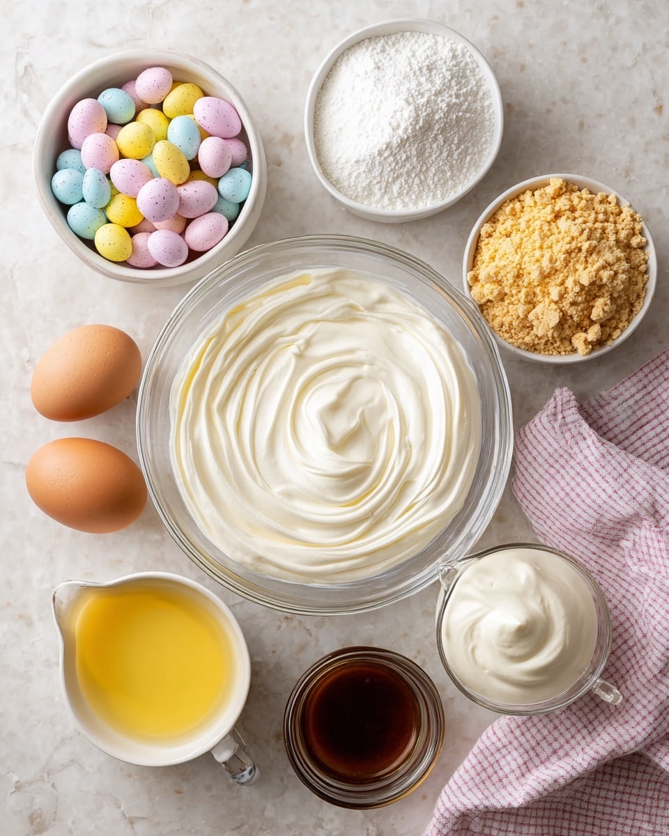 The image shows several bowls on a white marbled surface, each holding different ingredients. In the center is a clear glass bowl filled with smooth, creamy white whipped topping with soft, swirled texture. Behind it on the right is a white bowl with fine white powdered sugar, and next to that is another white bowl with crushed golden cookie crumbs. To the left of the whipped topping bowl is a white bowl filled with pastel pink, yellow, blue, and white speckled candy eggs. Below that are three smooth, shiny, solid milk chocolate eggs. In front of the chocolate eggs is a small clear glass bowl of melted yellow butter. At the front right is a small glass pitcher filled with thick white cream, and next to it is a small clear bowl with dark brown vanilla extract. A pink and white checkered cloth is laid along the bottom right edge of the image. photo taken with an iphone --ar 4:5 --v 7