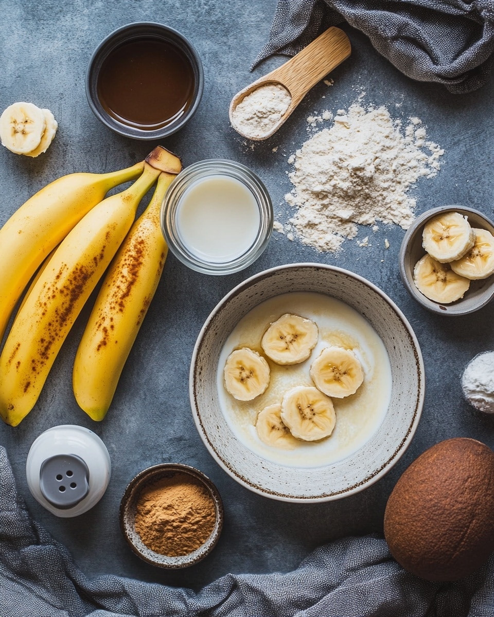 A cinnamon roll sits in the center of a small white plate, topped with a thick, creamy white glaze that drips slightly over the edges, revealing soft, swirled layers of golden brown dough underneath. Two small banana slices rest next to the roll at the base of the plate. In the background, a white rectangular baking dish filled with several cinnamon rolls covered in the same glaze is partly visible. A white marbled textured surface holds the plates, with two gold forks placed nearby and a small white dish with cinnamon sticks and ground cinnamon on the side. Photo taken with an iphone --ar 4:5 --v 7