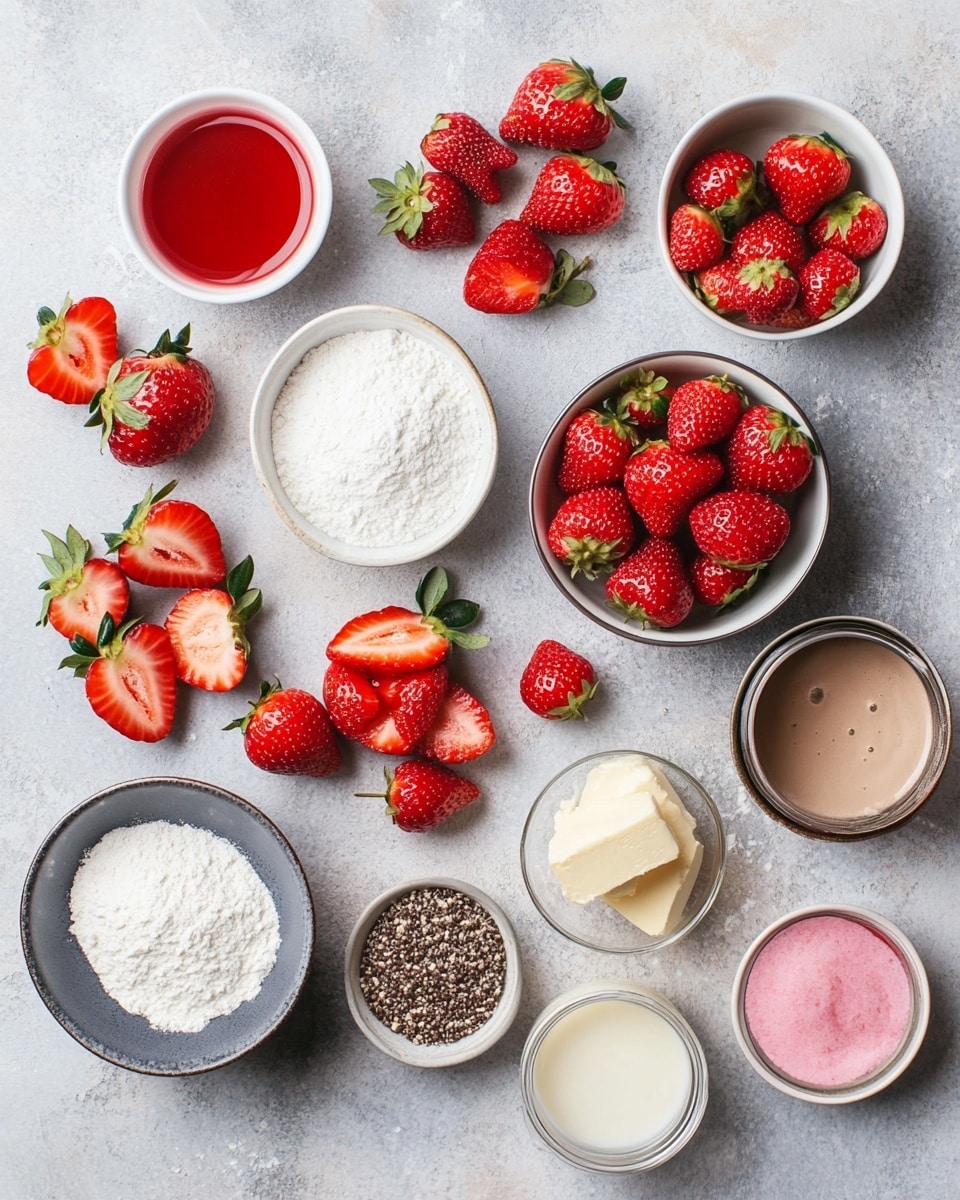 The dish is a close-up of a baked dessert in a clear glass rectangular dish with handles. The bottom layer is a golden-brown baked cake with a slightly crispy and uneven texture. On top of this cake layer, there is a layer of bright red strawberries, cut into halves and quarters, covering the entire surface. The whole dessert is drizzled with a white glaze or sauce that runs slightly down the sides, adding a shiny and moist look. The dish is placed on a white marbled surface. Photo taken with an iphone --ar 4:5 --v 7