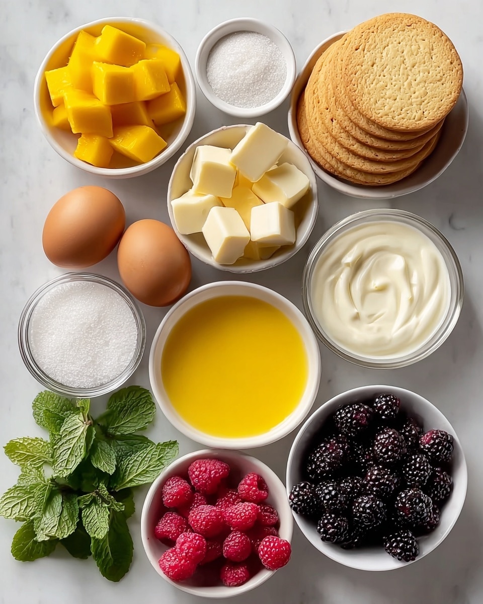 The image shows several small white bowls arranged on a white marbled surface, each holding different ingredients: chunks of bright yellow mango, white granulated sugar, white cream cheese cubes, small pale yellow butter cubes, thick yellow lemon curd in the center, two whole brown eggs, light-colored round cookies stacked in a row, a small glass of white milk, a white bowl with thick cream, and two bowls with red raspberries and blackberries. There is also a bunch of fresh green mint leaves placed near the bottom left. The colors are bright and natural, and the textures range from smooth cream to soft fruit and crumbly cookies. photo taken with an iphone --ar 4:5 --v 7