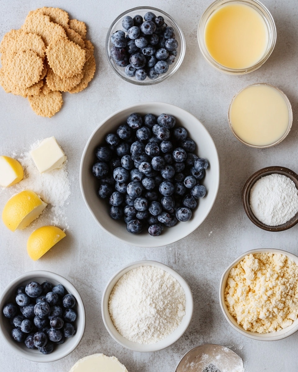 A slice of blueberry cheesecake sits on a white plate with a white marbled background. The cheesecake has three visible layers: a crumbly golden brown crust at the bottom, a thick layer of smooth, creamy white cheesecake filling in the middle, and a crumbly streusel topping mixed with cooked blueberries on top. The blueberries create dark purple spots and streaks, blending slightly into the streusel. The rest of the cheesecake, showing the same textured topping with scattered blueberries, is visible next to the slice. There are loose fresh blueberries scattered around on the white marbled surface. Photo taken with an iphone --ar 4:5 --v 7