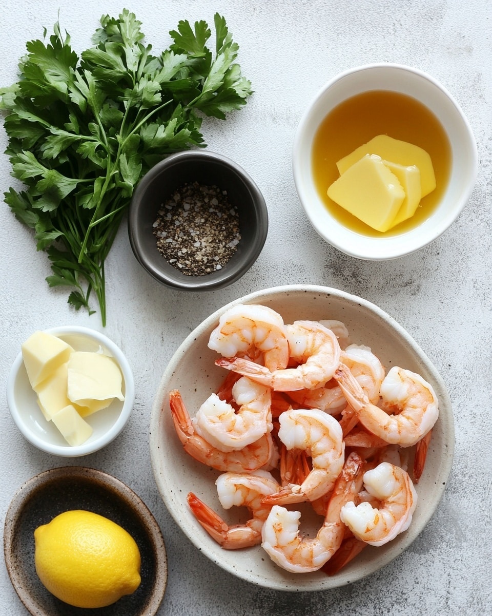A thick, round piece of grilled meat sits in the center of a white plate, covered with a creamy, light brown sauce speckled with herbs and finely chopped green parsley. Surrounding the meat, there are several large, pinkish-orange grilled shrimp with slightly charred edges, also coated in the same sauce pooling on the plate. The sauce drips down the sides of the meat and shrimp, creating a rich, smooth texture contrast with the grilled surfaces. The white marbled texture beneath the plate adds a clean and bright look to the scene. Photo taken with an iphone --ar 4:5 --v 7
