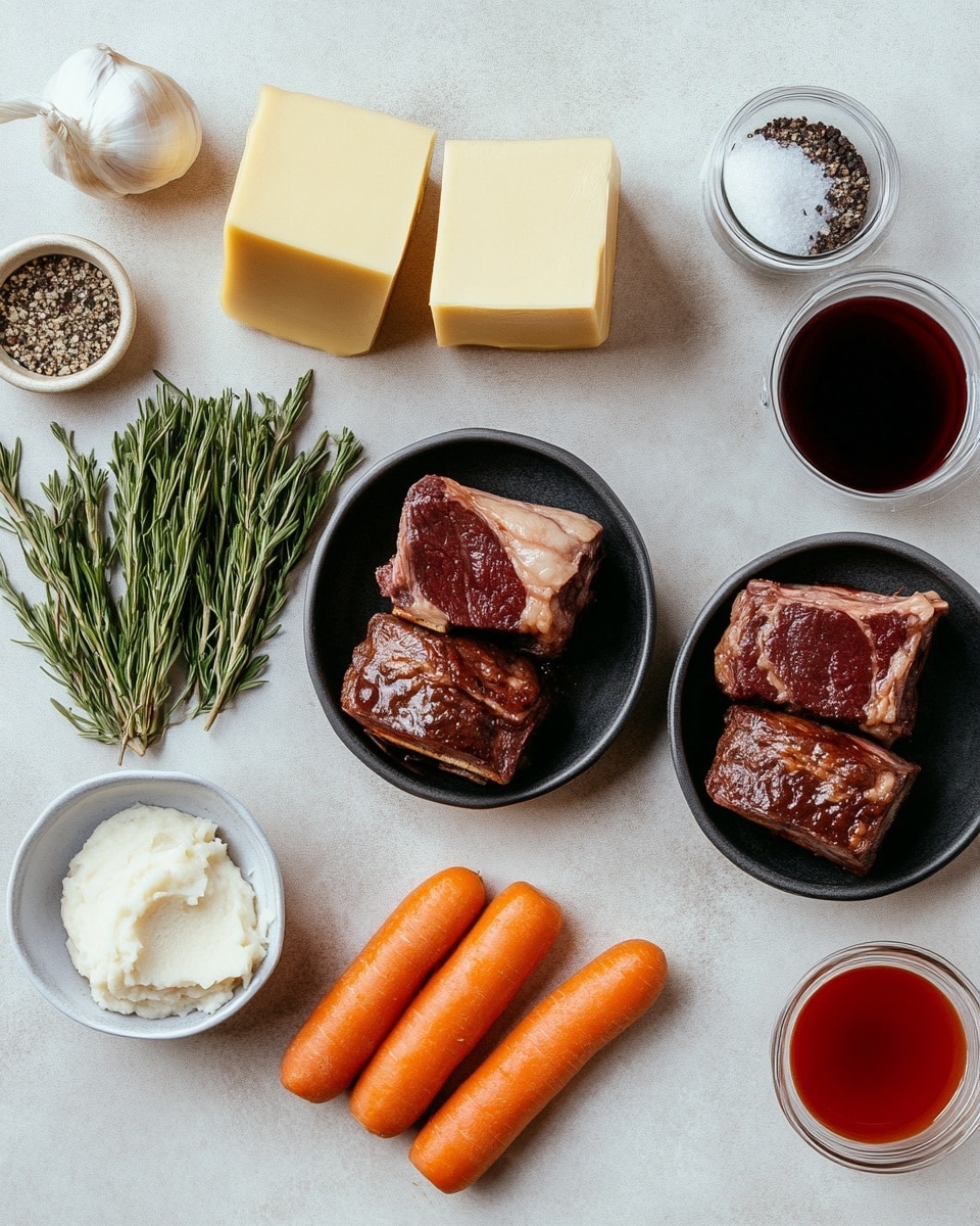 A white plate with four pieces of dark brown braised meat arranged on the left side in a glossy, thick sauce. The meat pieces are chunky and textured, sprinkled with small green herbs. A light golden-yellow garlic clove is nestled among the meat. On the right side of the plate is a creamy yellow mound of smooth mashed potatoes garnished with a sprig of green thyme and a few scattered herbs. The plate sits on a white marbled surface with a blurred fabric in the background. Photo taken with an iphone --ar 4:5 --v 7