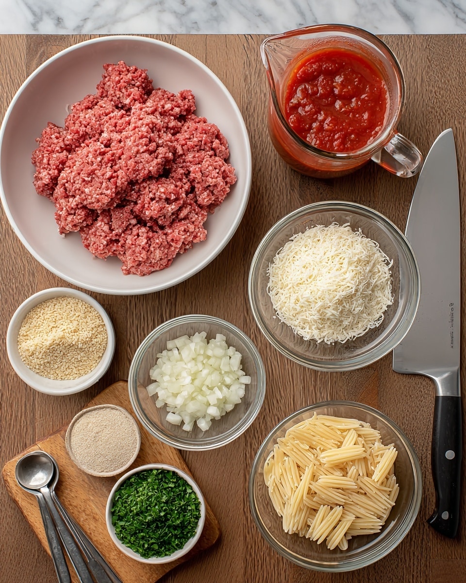 A top view of various ingredients arranged neatly on a wooden surface. In the middle, there is a white bowl filled with red ground meat with a slightly clumpy texture. Above it, a clear glass bowl contains light beige breadcrumbs mixed with some white shredded cheese. To the right, a smaller clear glass bowl holds chopped white onions, and next to it is a glass pitcher filled with red tomato sauce with chunks. Below the tomato sauce, another glass bowl contains pale yellow uncooked orzo pasta. On the left side, a small wooden board features finely chopped green herbs, a small white bowl with a light yellow paste, and another white bowl filled with a beige granular substance. Two metal measuring spoons are placed beside the wooden board, and a large silver knife lies in the top right corner. The background is replaced by a white marbled surface. Photo taken with an iphone --ar 4:5 --v 7