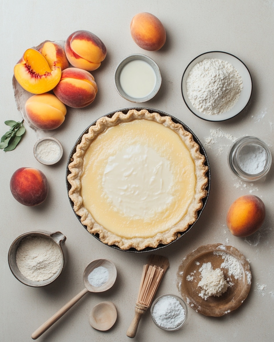 A round peach tart sits in a white fluted ceramic dish with a golden brown crust that is slightly thick and crimped around the edges. Inside, there is a creamy yellow custard layer topped by neatly arranged peach slices with red-yellow skin, fanned out in overlapping circles covering the entire surface. The tart rests on a white marbled surface next to a pink cloth napkin with a white-handled pie server, two pink speckled ceramic plates stacked with two forks on top, and a green glass cup in the background. Photo taken with an iphone --ar 4:5 --v 7
