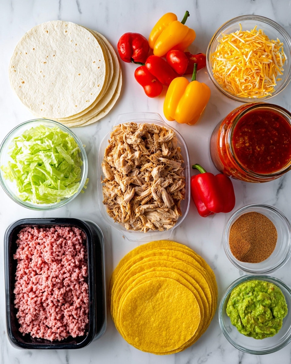 The image shows a round dark tray on a white marbled surface, filled with various taco ingredients. At the center is a white bowl filled with brown cooked meat mixed with small yellow and red pieces. Above the bowl, there are four folded light-colored soft tortillas with brown spots stacked side by side. To the right of the meat bowl is a small white bowl filled with bright red chopped tomatoes, surrounded by two piles of shredded light green lettuce. Below the meat bowl is a stack of round yellow hard taco shells, arranged in a slightly fanned pattern. Around the tray are whole small yellow and red peppers placed on the white marbled surface. The colors are vivid and the textures include soft, shredded, and crisp elements photo taken with an iphone --ar 4:5 --v 7