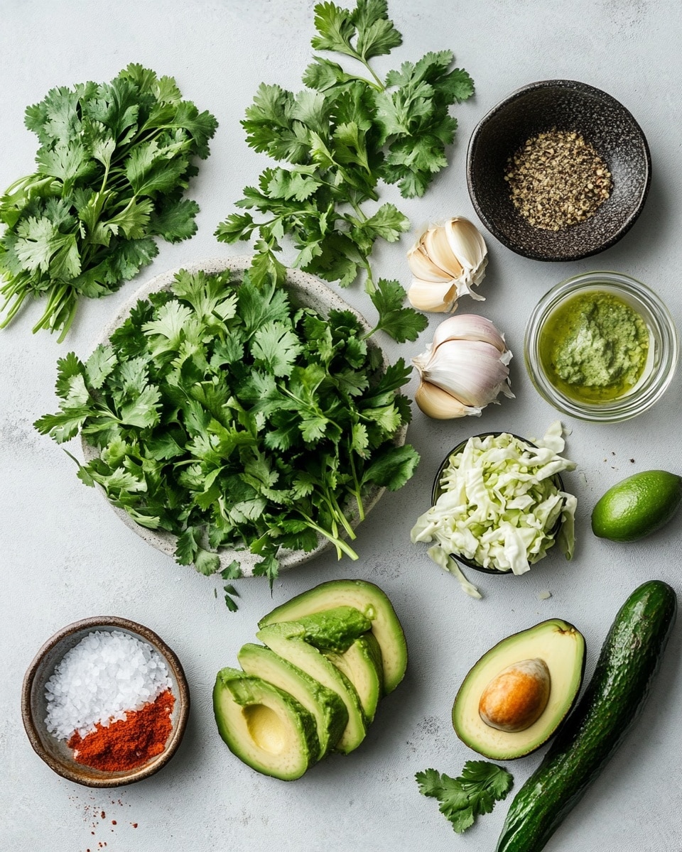 The image shows three shrimp tacos placed closely inside a round white plate on a white marbled surface with a light striped cloth underneath. Each taco has a soft white tortilla base, topped with a layer of green sauce or spread, followed by a layer of cooked, slightly orange-brown shrimp. Over the shrimp, there are small chunks of red bell pepper, thin slices of purple onion, green cilantro leaves, and white crumbly cheese sprinkled on top along with a drizzle of green sauce. On the plate, next to the tacos, three lime wedges sit stacked together. Around the plate, there are bowls containing more shrimp, crumbled white cheese, green sauce, and a bowl with shredded green cabbage or lettuce. A wooden cutting board at the lower right has sliced purple onion, diced red bell pepper, lime wedges, and a red pepper half. Photo taken with an iphone --ar 4:5 --v 7