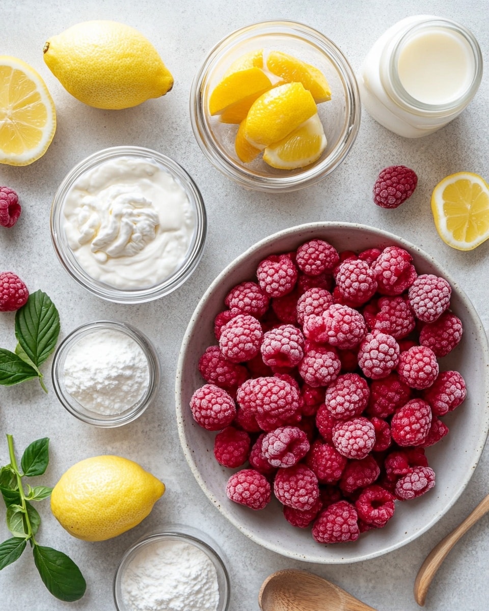 This image shows a white square dish with a layered dessert. The top layer is a bright red, glossy raspberry sauce with visible seeds. Below the sauce is a smooth white creamy layer. Under that is a light beige sponge cake layer soaked with some liquid, followed by another thin bright red raspberry layer. Below that is another white creamy layer and a second sponge cake layer at the bottom. Part of the dessert is already taken out, showing all four visible layers clearly. The dish sits on a white marbled surface, and in the background, there are whole raspberries. Photo taken with an iphone --ar 4:5 --v 7