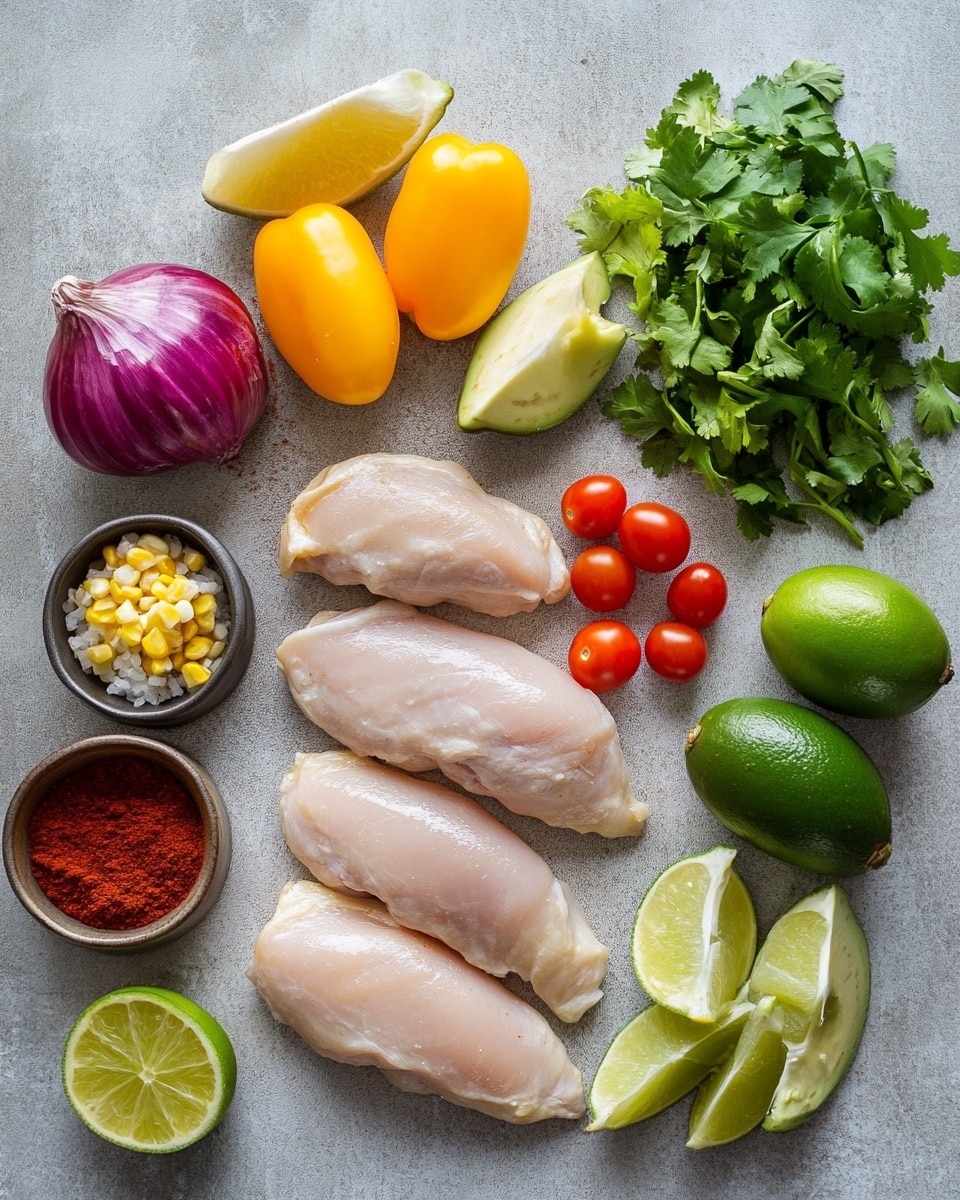 The dish shows two thick pieces of grilled fish with a dark, spicy crust that looks slightly crispy, laying flat on a white plate on a white marbled surface. On top of the fish, there is one layer of fresh salad made of bright red halved cherry tomatoes, green avocado cubes, small diced purple onions, and chopped green herbs mixed together with a light dressing that adds a shiny texture to the salad. Some of the salad and dressing spill slightly over the edges of the fish, adding depth and richness to the dish. The colors are strong and vibrant, with dark browns and black from the fish crust contrasting against the fresh, bright colors of the salad. photo taken with an iphone --ar 4:5 --v 7