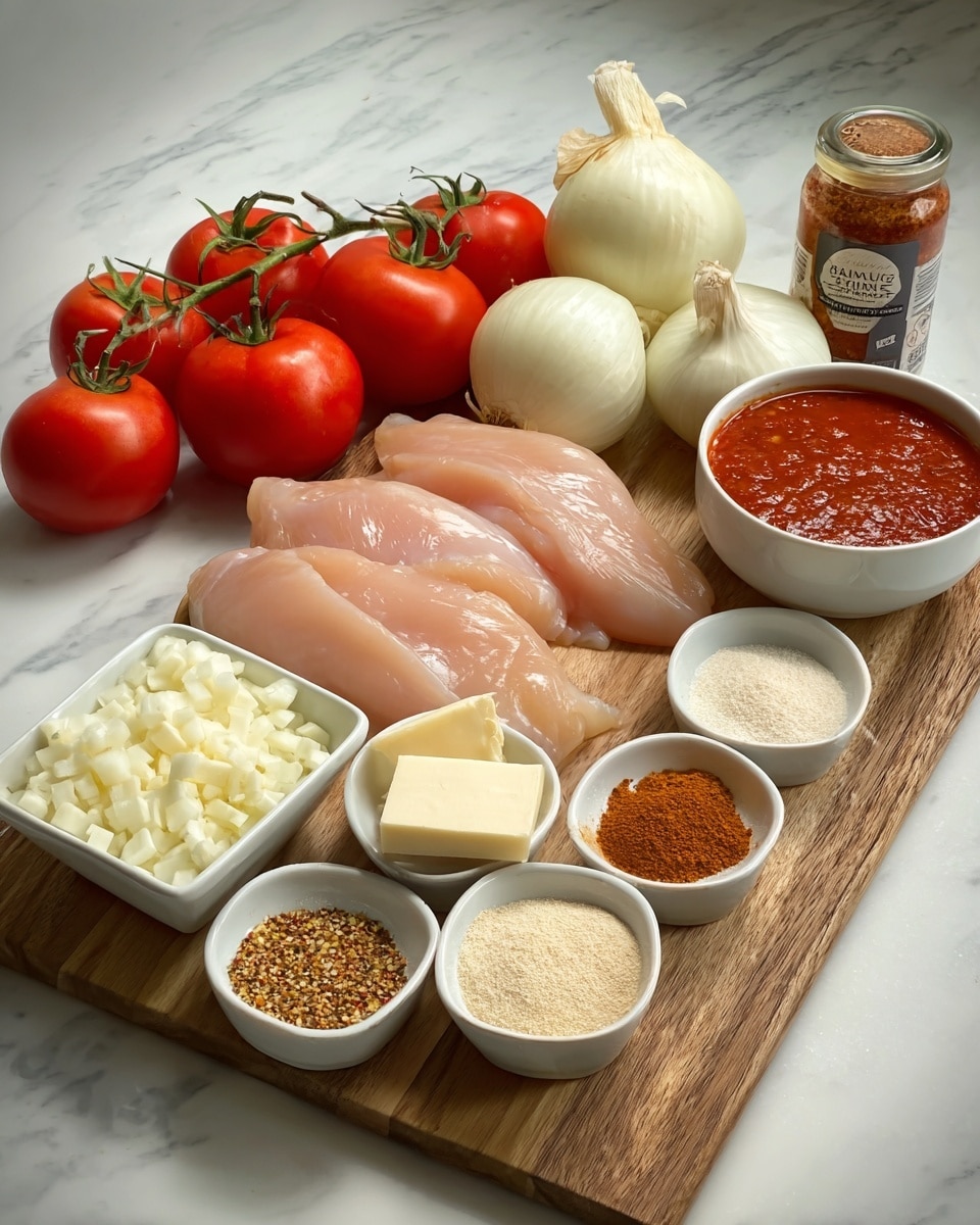 A wooden board holds all the ingredients arranged neatly: a cluster of red tomatoes still on the vine sits at the back left, next to two whole garlic bulbs and three whole light brown onions. In the center are four raw, pink chicken pieces. To the front left are two small white square dishes, one filled with pale yellow butter slices and the other with chopped white onions. In front of the chicken, there are three small white round bowls holding white salt, a coarse reddish-brown spice mix, and pale beige breadcrumbs. Behind these is a larger white bowl filled with red tomato sauce, all placed on a white marbled surface. Photo taken with an iphone --ar 4:5 --v 7