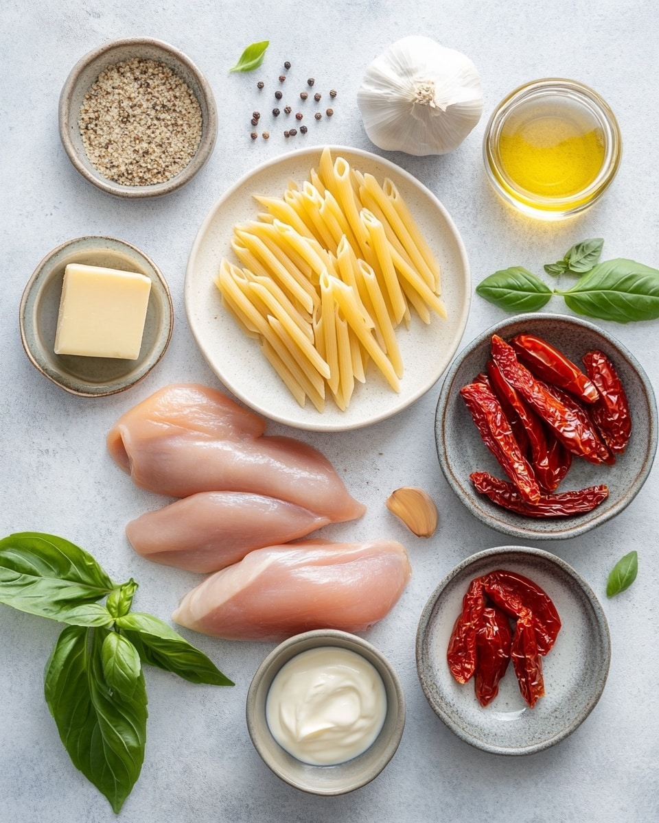 A white plate holds a layered pasta dish with creamy orange sauce coating short, tube-shaped pasta. Mixed in are pieces of light-colored cooked chicken and bright red sun-dried tomatoes, with dark green leafy basil scattered throughout. The top is sprinkled with finely grated white cheese and black pepper, giving a speckled texture. A fresh green basil leaf sits on top, adding a fresh touch. The plate is on a white marbled surface, with scattered small green herb pieces nearby. photo taken with an iphone --ar 4:5 --v 7