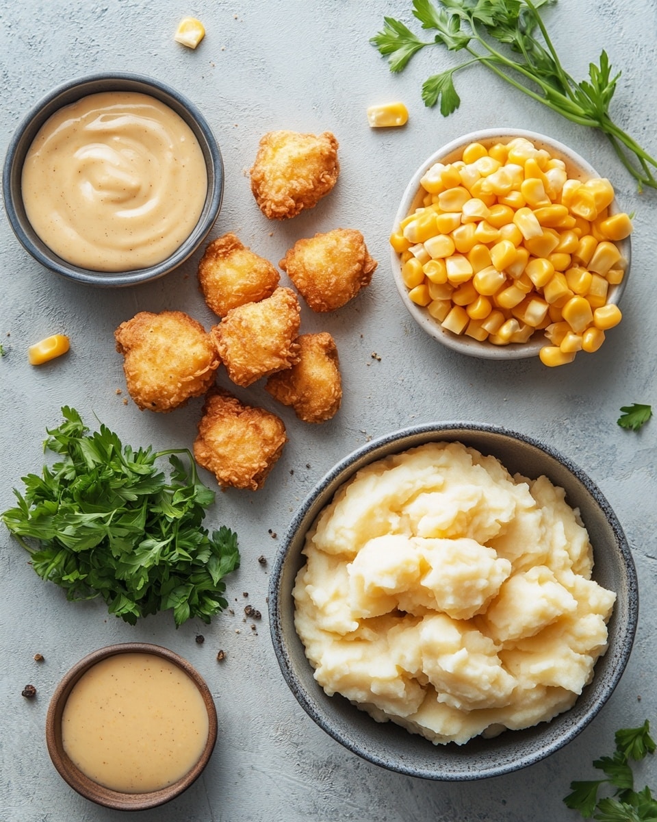 A white bowl on a white marbled surface holds three main layers: on the left side, a pile of small crispy golden brown fried chicken bites with a crunchy texture; in the middle, a scoop of creamy mashed potatoes topped with smooth brown gravy and sprinkled with green herbs; on the right, bright yellow corn kernels mixed with shreds of light yellow cheese and some green herb sprinkles. In the background, two small white bowls sit on the white marbled surface, one filled with shredded orange cheese and the other with brown gravy. A grey and white striped cloth is partially visible on the bottom left. Photo taken with an iphone --ar 4:5 --v 7