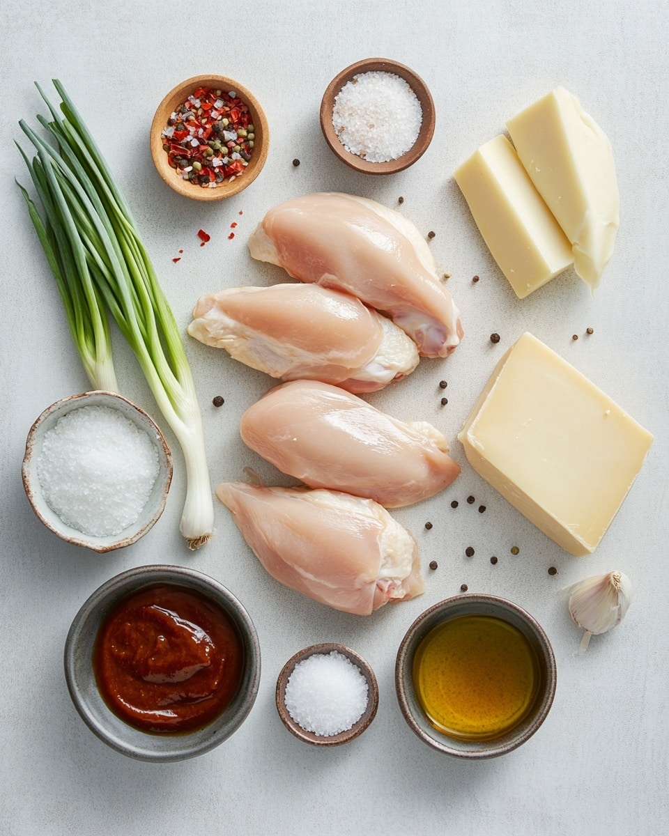 Two pieces of cooked chicken sit on a white plate. Each piece is topped with a melted yellow cheese layer that has browned spots. On top of the cheese, there are small chunks of red tomato and sprinkled chopped green herbs. A light brown sauce pools around the chicken on the plate. The plate is placed on a white marbled surface with some green leaves blurred in the background. photo taken with an iphone --ar 4:5 --v 7