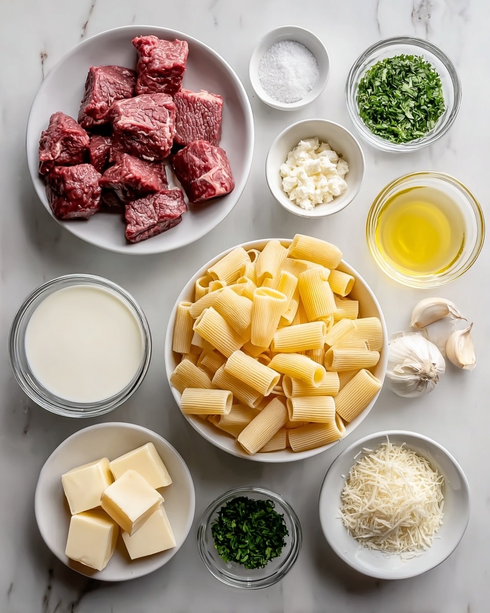 A top view of multiple white bowls and clear glass bowls arranged on a white marbled surface, each containing different cooking ingredients: a large white bowl filled with short, tube-shaped rigatoni pasta in the center; a smaller white bowl with thick red meat chunks on the right side; a white bowl with shredded cheese at the bottom left; a white plate with two rectangular slices of butter at the top left; a white bowl holding a creamy white liquid at the top right; a small clear bowl with green chopped herbs at the top center and another small clear bowl with green chopped herbs near the bottom right; a small clear bowl with garlic cloves at the bottom center; a small clear bowl with olive oil near the bottom left above the shredded cheese; and a small clear bowl of salt near the center left. The photo taken with an iphone --ar 4:5 --v 7