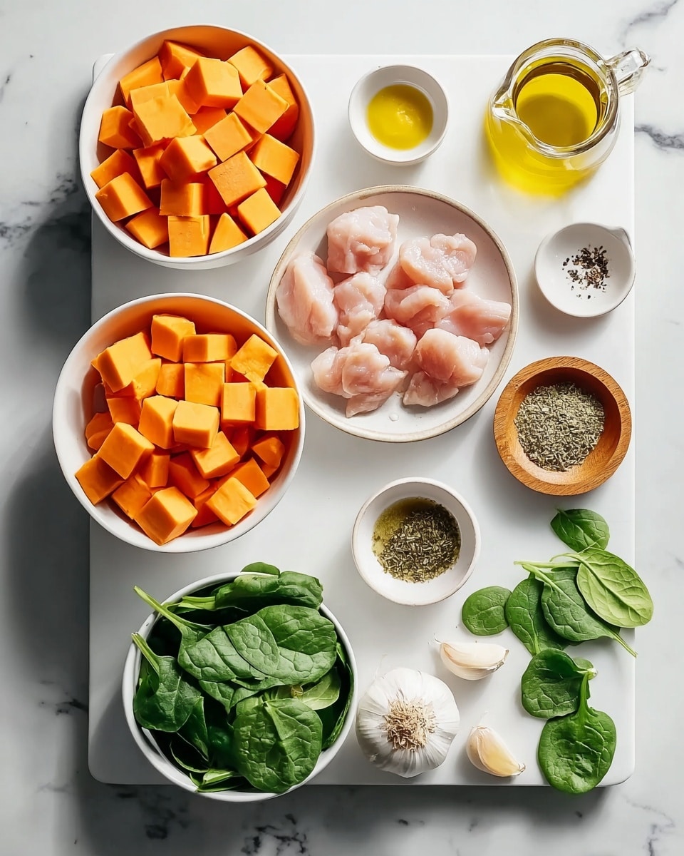 A white bowl filled with four layers of food: the first layer on the left side shows grilled pieces of white meat with a light brown, slightly charred texture; on top, there's a creamy white sauce drizzled evenly with green herb bits. Next to it, towards the middle back, there are small orange cubed pieces with a cooked, slightly caramelized look and a sprinkle of green herbs. On the right front, there are larger orange cubes, roasted and browned on edges, also topped with scattered green herbs. The last layer behind these is leafy and dark green, filling the upper back part of the bowl. The bowl is placed on a white marbled surface. Photo taken with an iphone --ar 4:5 --v 7