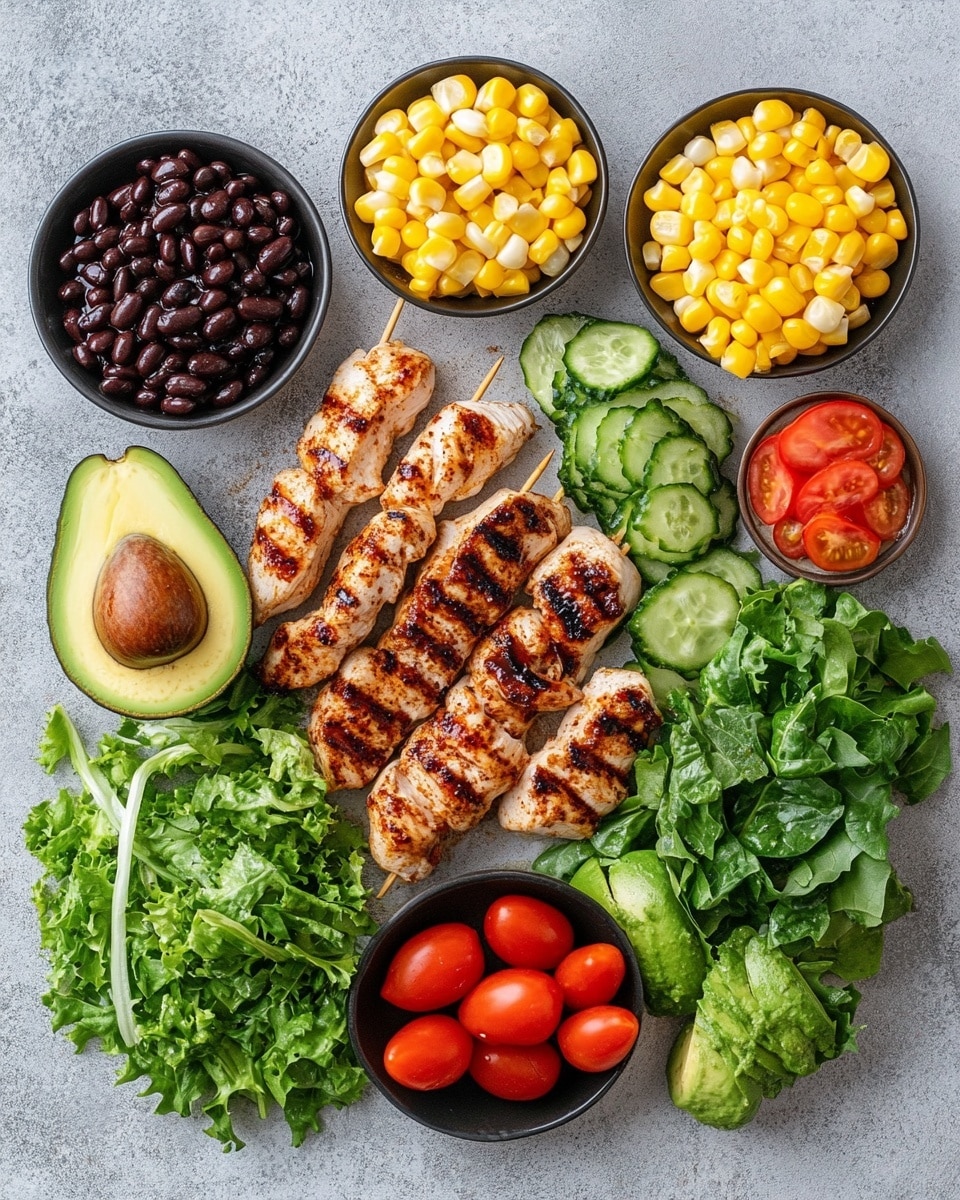 The dish shows two wooden skewers with grilled orange chicken pieces that have dark grill marks on top, placed on a bed of fresh green lettuce mixed with black beans. To the left side of the plate, there are thin slices of light green avocado layered neatly. Scattered around the lettuce are bright yellow corn kernels and small red tomato pieces. The food is served in a white bowl set on a white marbled surface. Photo taken with an iphone --ar 4:5 --v 7