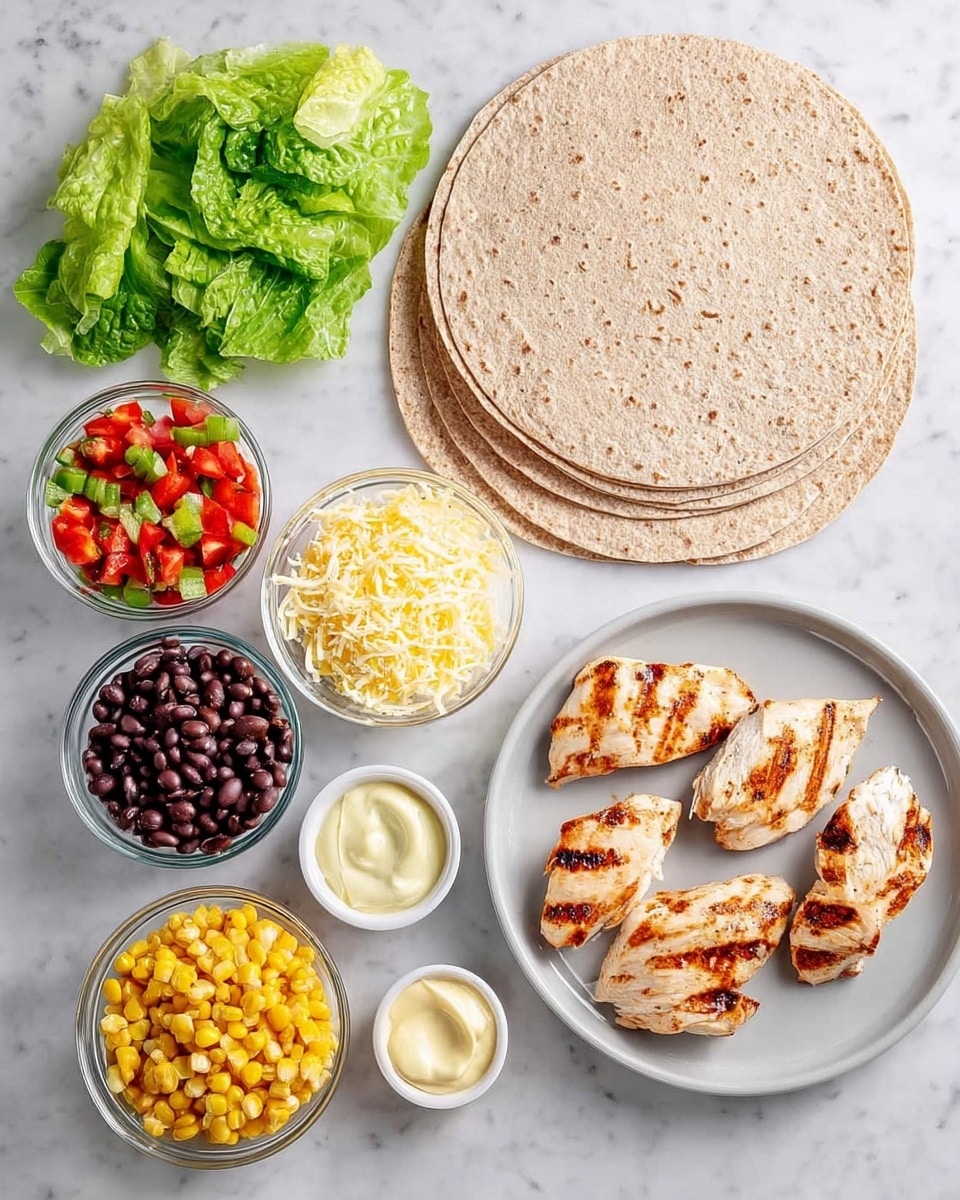 The image shows ingredients for making a grilled chicken wrap arranged neatly on a white marbled surface. In the center front, three grilled chicken pieces with golden brown grill marks sit in a light beige scalloped bowl. To the right, a stack of five whole wheat tortillas lies flat. Above the tortillas, a small clear bowl contains mayonnaise with a smooth creamy texture. To the left, a white bowl holds shredded pale yellow cheese. Below the cheese, a transparent round bowl is filled with bright yellow corn kernels. Next to the corn, another clear bowl contains shiny black beans. Below the beans, a white bowl is filled with chopped red tomatoes mixed with finely diced white onions and green herbs. At the top left corner, several large crisp green romaine lettuce leaves rest loosely fanned out. Photo taken with an iphone --ar 4:5 --v 7