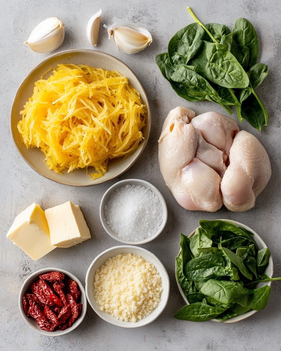 This image shows a close-up of a creamy spaghetti squash pasta mixed with bite-sized pieces of cooked chicken, bright green spinach leaves, and small chunks of roasted red bell pepper. The pasta strands are pale yellow and coated in a smooth, rich white sauce. The chicken pieces are light golden brown with some darker grilled spots. The spinach leaves add a fresh green color, while the roasted red peppers provide bright red contrast scattered throughout. A light-colored wooden spoon is partially sunk into the mixture, stirring the ingredients together. The background surface is white marble. photo taken with an iphone --ar 4:5 --v 7