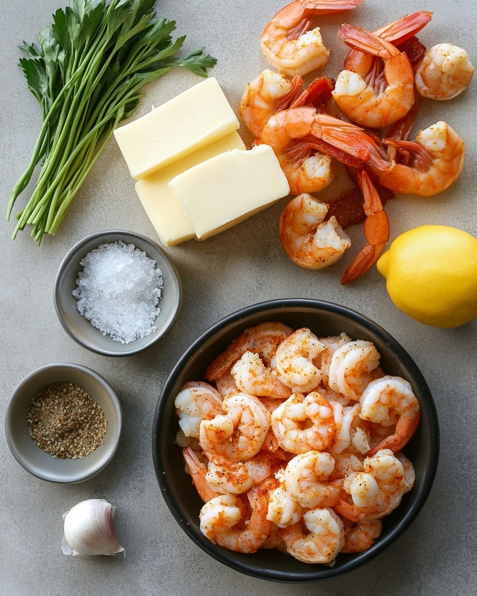 This dish shows a white bowl filled with creamy, pale yellow grits as the base layer, smooth and slightly textured. On top of the grits are several large, golden-brown shrimp with a light spice coating, arranged closely together across the center. Scattered among the shrimp are pieces of crispy, dark reddish-brown bacon. The dish is drizzled with a shiny, rich reddish-orange sauce holding small bits of caramelized onions and herbs. Small, chopped green herbs sprinkle over the shrimp and sauce, adding a fresh color contrast. The bowl sits on a white marbled surface. Photo taken with an iphone --ar 4:5 --v 7