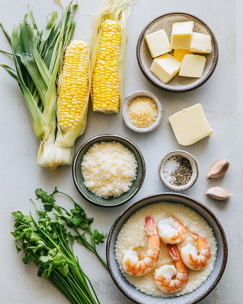 A white plate shows soft, pale yellow grits covering most of the base in a smooth, creamy layer. On top and slightly to the center left is a pile of grilled shrimp with a light golden-brown char, adding a rough texture and warmth in color. Small pieces of grilled white corn kernels are scattered on and around the shrimp, adding yellow and white specks. Tiny green chives are sprinkled all over the dish, adding bright green dots. A small pool of orange sauce appears in the middle, blending softly into the grits. The dish is set on a white marbled surface, photo taken with an iphone --ar 4:5 --v 7