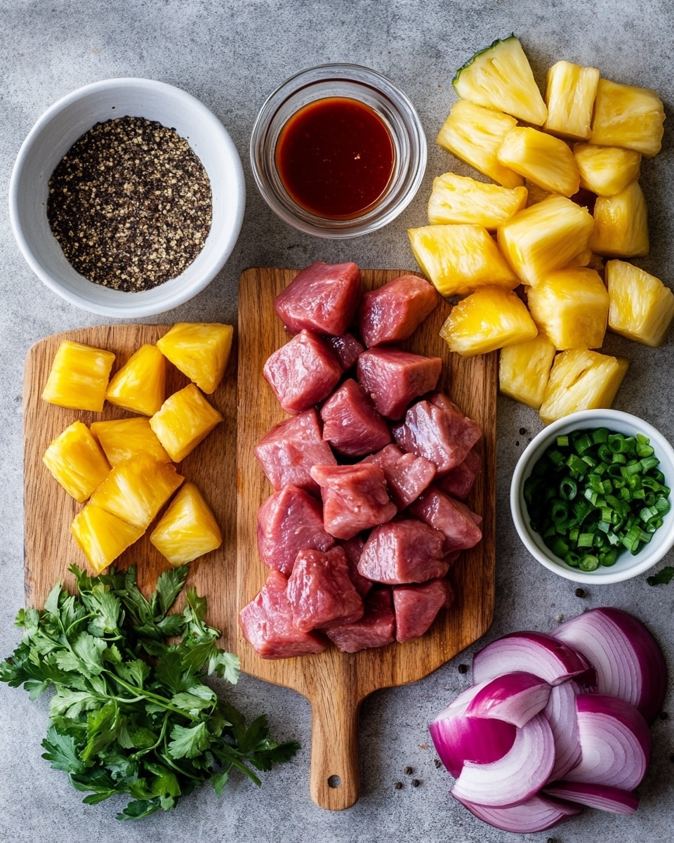 Two wooden skewers are placed on a white marbled surface, each loaded with glossy, grilled meat pieces and yellow pineapple chunks. The meat is shiny and caramelized with dark grill marks and a sticky, slightly textured sauce coating the surface. The pineapple pieces are juicy and soft, showing some caramelization at the edges. The skewers run diagonally across the frame with the focus on the front, showing the uneven but hearty texture of the grilled meat and pineapple. The lighting is bright, highlighting the shiny glaze and browned bits. Photo taken with an iphone --ar 4:5 --v 7