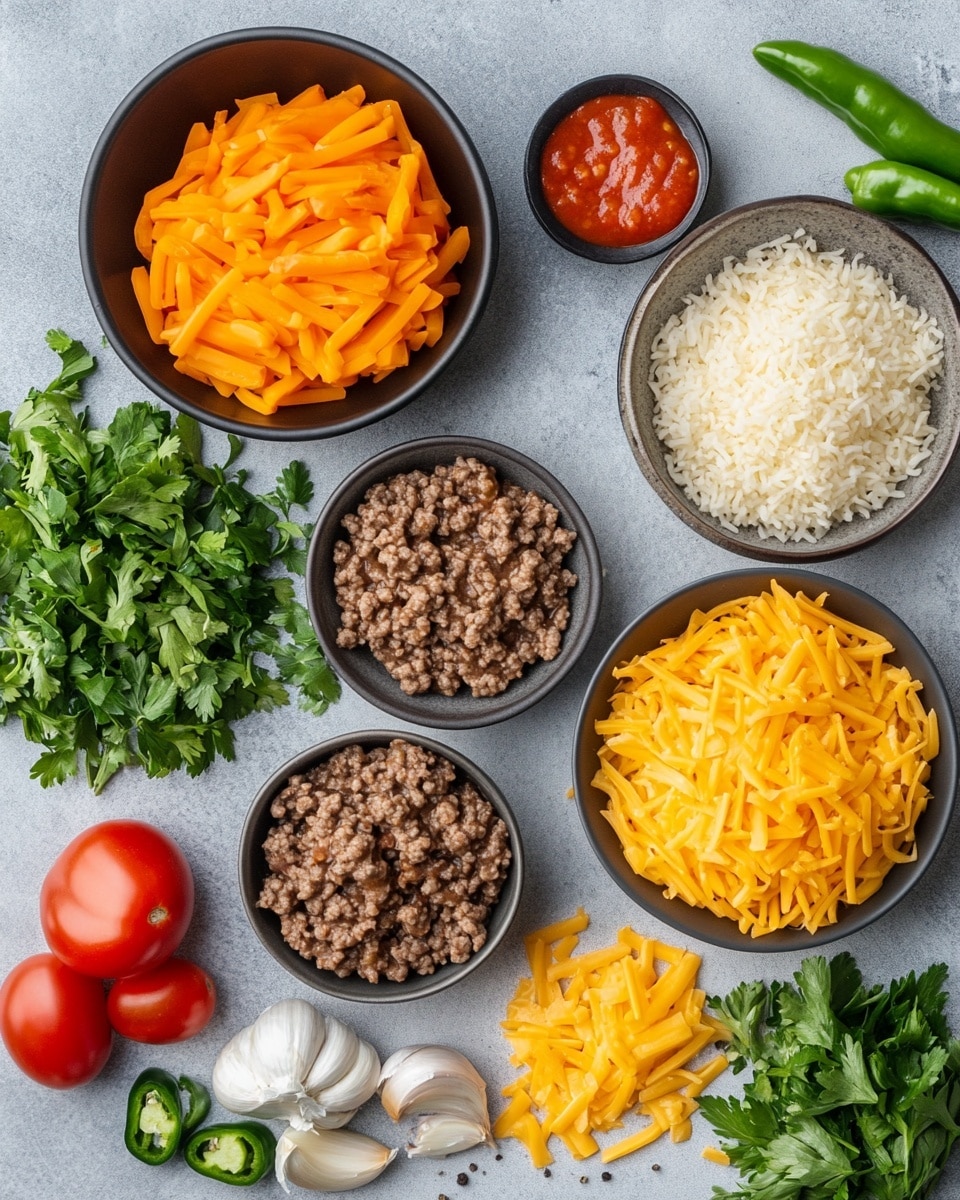 A red casserole pan filled with a layered mix of cooked rice, ground meat, and diced green and red vegetables, topped with melted golden yellow cheese and sprinkled with small green herb pieces. The dish has a hearty texture with visible chunks of tomato and bits of onion, while a gold spoon lifts a scoop revealing the mixed ingredients beneath the cheesy top. The pan rests on a dark surface with a white marbled texture, and part of a red and white checkered cloth is visible at the bottom left, with a glimpse of flatbread in the blurry background. photo taken with an iphone --ar 4:5 --v 7