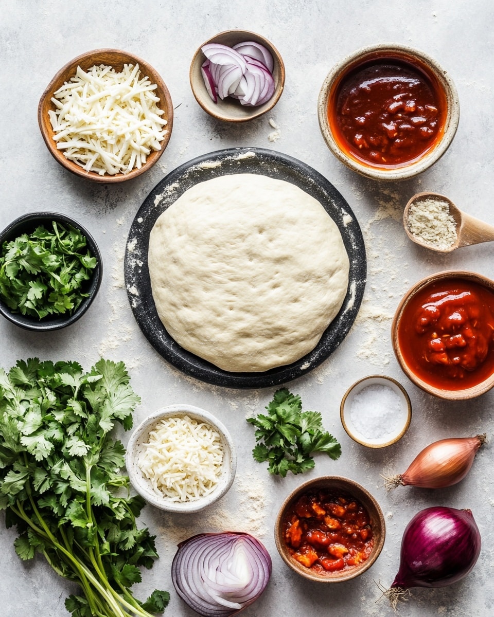 A round pizza with a thick, golden crust sits on a metal pizza pan on a white marbled background. The pizza has a base layer of reddish-brown sauce, topped with melted creamy white cheese spread evenly. There are pieces of cooked chicken in light brown color, scattered on top along with thin slices of purple-red onions. Small bits of green herbs are sprinkled over the pizza. One slice is taken out and placed on a white plate with rings around the edge, showing the same layers and colors. A small bowl with fresh green herbs sits nearby. photo taken with an iphone --ar 4:5 --v 7