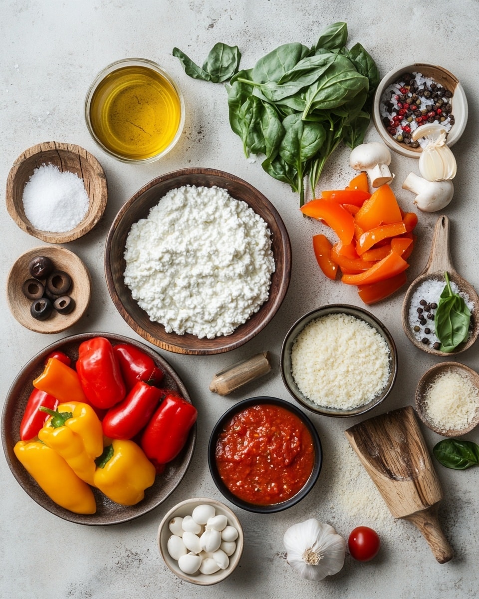 The image shows a small white bowl filled with a dish that has a layer of melted, light golden cheese on top. Five round, shiny red pepperoni slices are evenly spaced on the cheese, with a small sprig of green basil placed near the center. The cheese layer has some browned spots along the edges, indicating it has been baked. The bowl rests on a white marbled surface with a striped cloth nearby and a small glass cup filled with white sauce positioned to the right side of the bowl. Another bowl with a similar dish is partially visible above. Photo taken with an iphone --ar 4:5 --v 7
