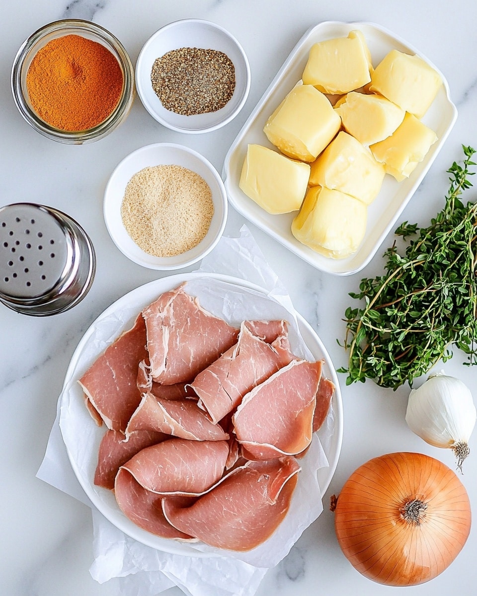 A stack of mini sandwiches with three visible layers each starts with soft, shiny, golden brown buns topped with bits of toasted garlic and green herbs. Inside, there are thick layers of thinly sliced, light brown meat that looks tender, layered with melted, light yellow cheese that spills slightly over the edges. Around the sandwiches are fresh sprigs of green parsley and thyme, placed on a white marbled surface. A small white bowl with dark brown sauce sits in the corner, adding contrast to the warm tones of the sandwiches. The photo taken with an iphone --ar 4:5 --v 7