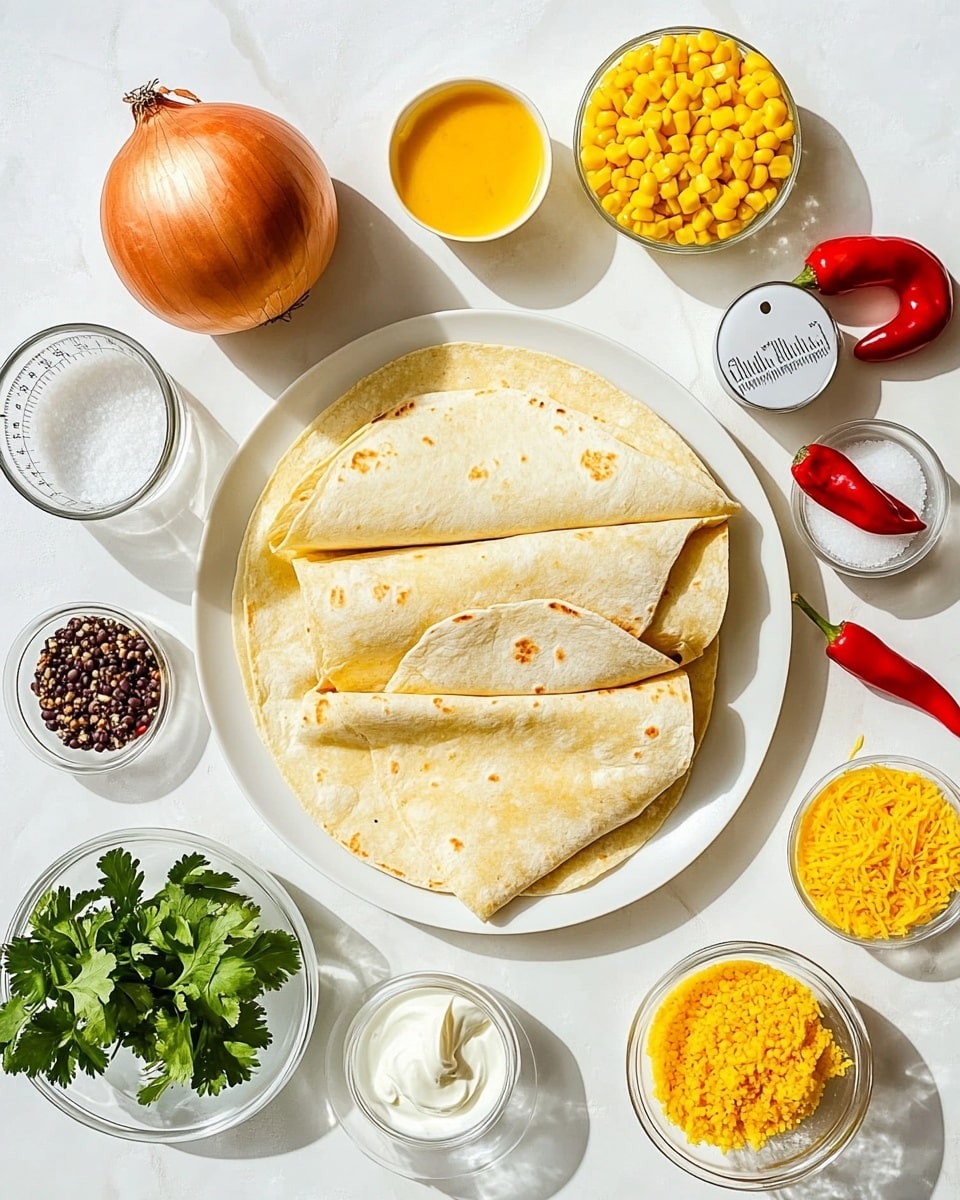 A white plate holds several toasted, golden-brown wraps cut into halves, showing inner layers filled with a mix of yellow corn, black beans, shredded orange chicken, and bits of red pepper, all speckled with green cilantro leaves. Some wraps are topped with thin red chili slices, adding a pop of color. Lime wedges are placed around the wraps on the plate. On one side of the plate is a small light brown bowl filled with creamy white sauce sprinkled with finely chopped green herbs. The plate rests on a white marbled surface, with scattered fresh green cilantro leaves nearby, and a glass partially visible in the background. Photo taken with an iphone --ar 4:5 --v 7